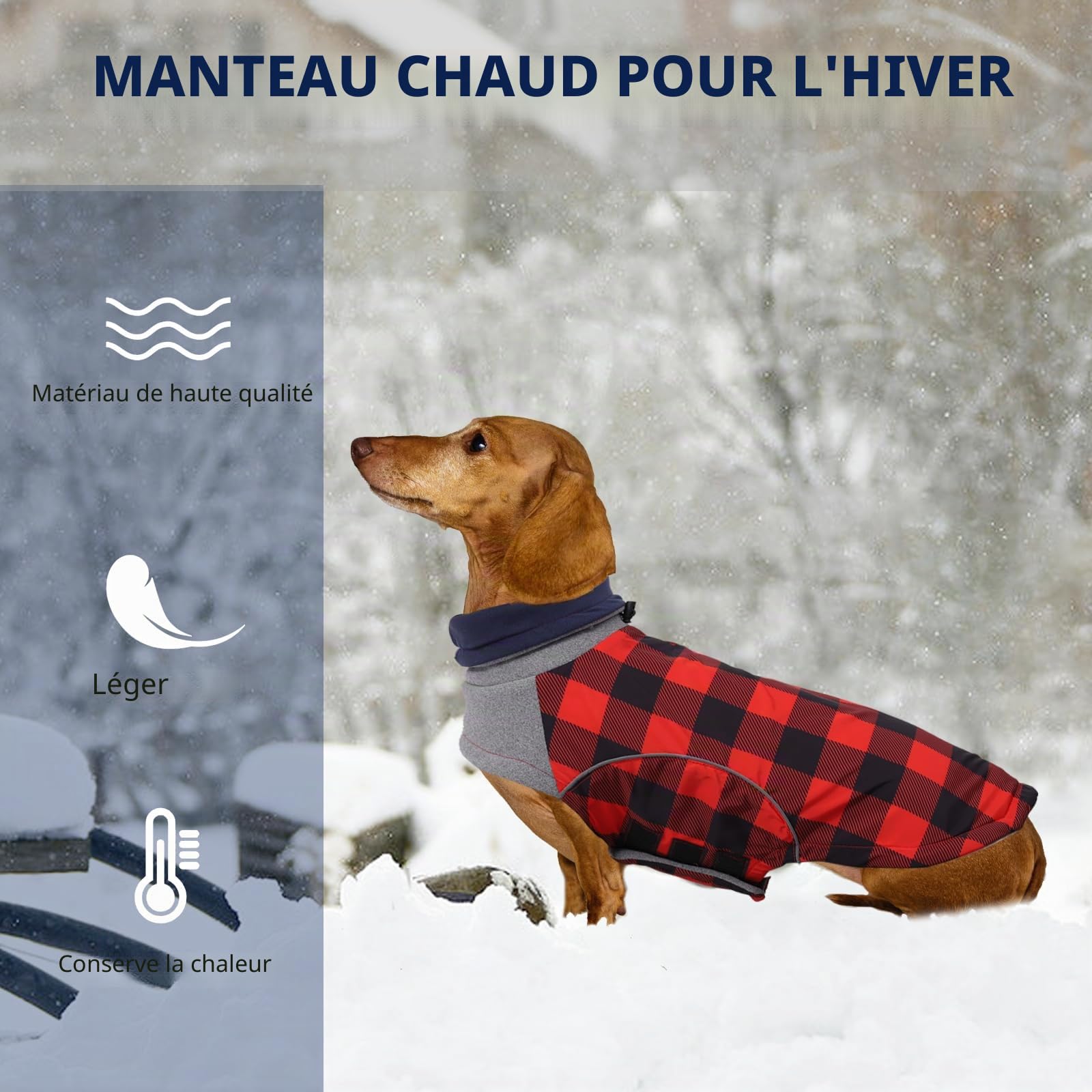 Manteau d'hiver imperméable pour petit chien, veste teckel avec trou pour harnais, idéal pour la marche, la randonnée, le camping, motif écossais rouge, taille M
