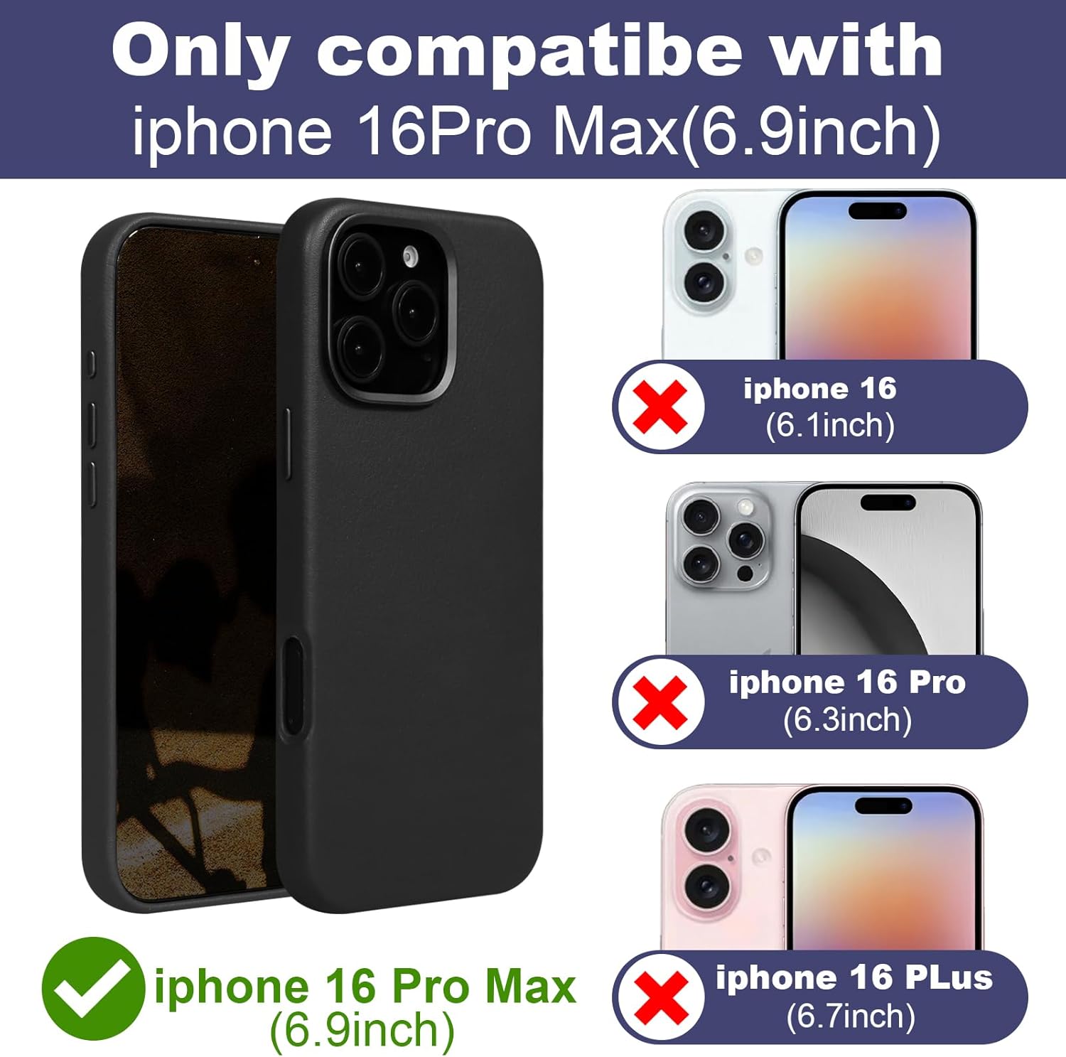 for iPhone 16 Pro Max Leather Case Compatible with Magsafe and Wireless Charge, Full Grain Genuine Leather, Metal Buttons Camera Bezel, Slim Fit-Drop & Scratch Resistant (Black)