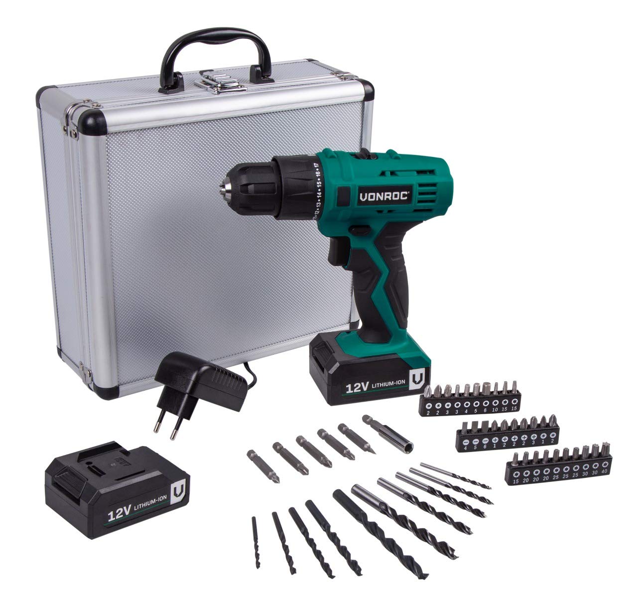 VONROC Wiertarko-wkrętarka akumulatorowa 12 V – w stabilnej walizce aluminiowej z 46 akcesoriami, 2 akumulatorami i ładowarką