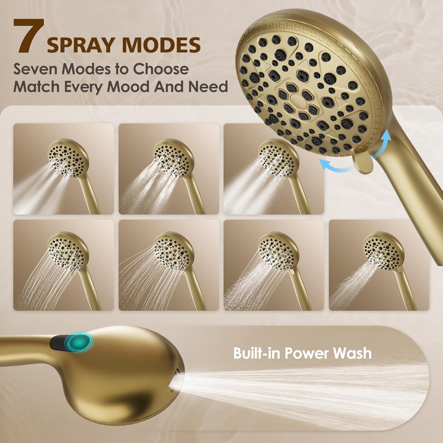 Brushed Gold Shower System, Shower Faucet Set with 8-Inch Rain Shower Head, 8 Spray Mode Handheld Shower head, Wall Mounted Bathroom Shower Combo Set, Rough-In Valve Body and Trim Included