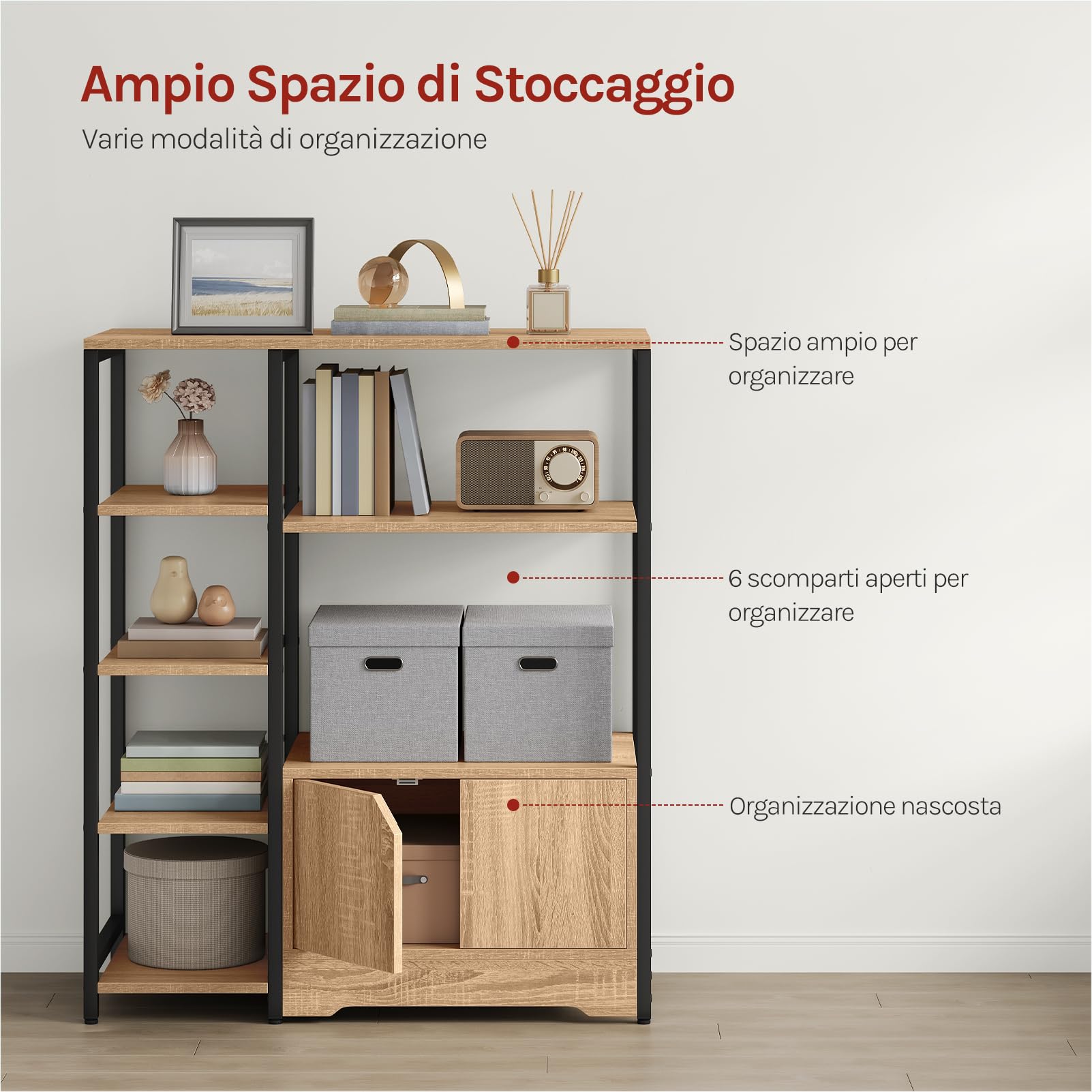 WOLTU Scaffale Moderno con Ripiani e Armadietto, Scaffale Divisorio 80x35x97 cm, Stile Industriale, Struttura in Metallo, Nero + Rovere Chiaro, RGB08hei