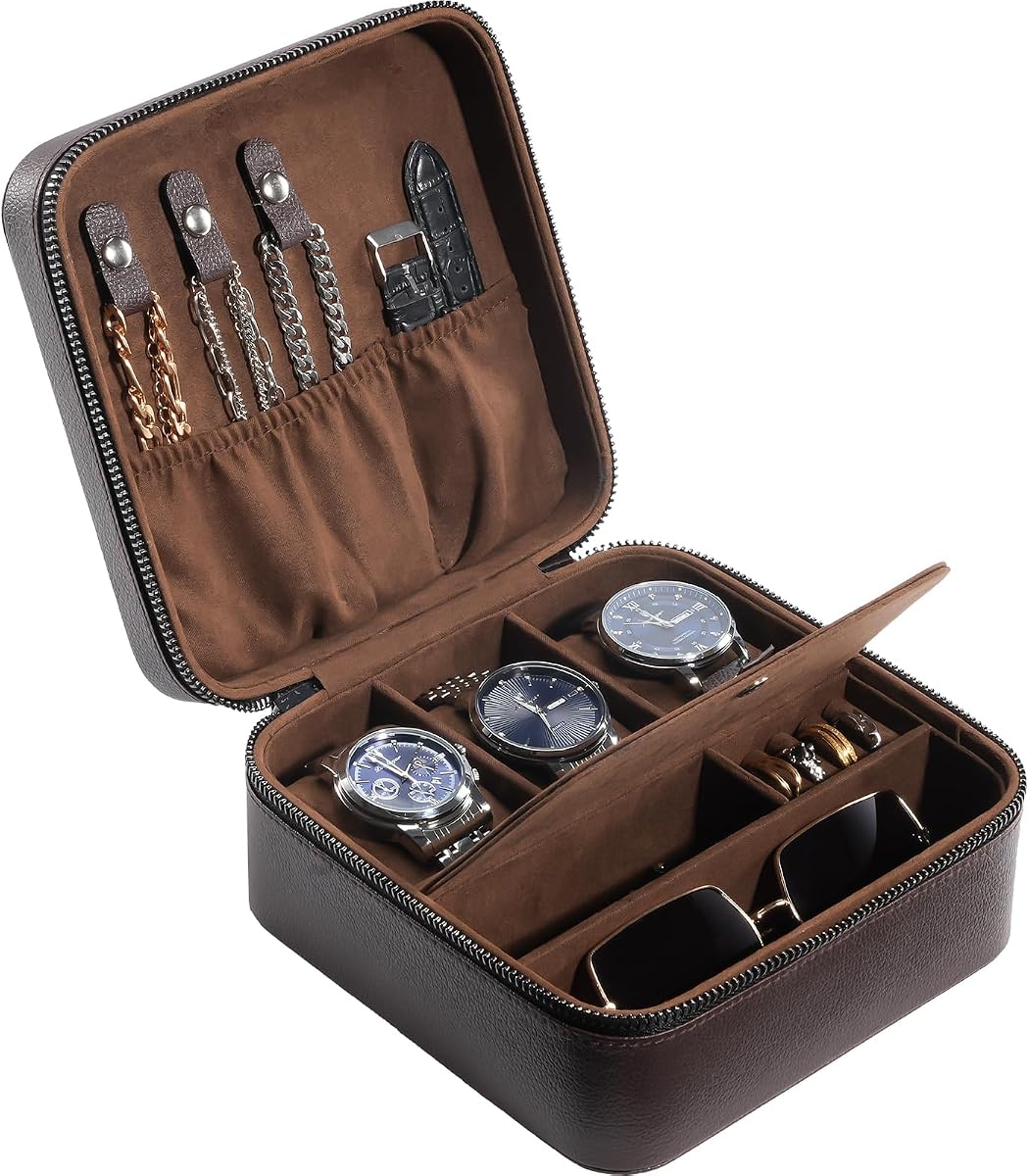 Estuche para reloj de viaje ProCase, joyero para hombre con 3 ranuras -Marrón | Estuche de almacenamiento de cuero PU para relojes, gemelos y accesorios, bolso organizador con cremallera para hombre