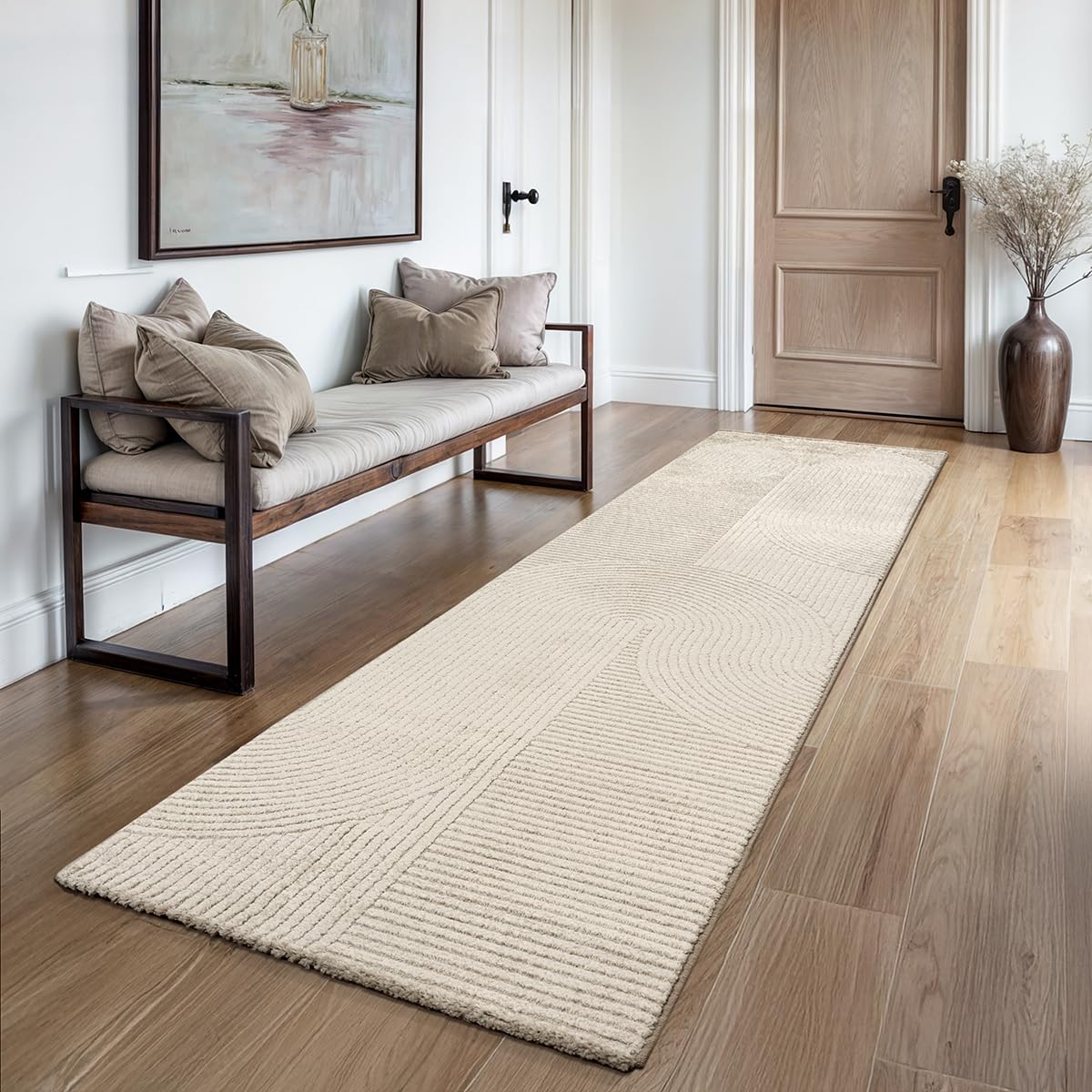 Everest – Modern Short Pile Rug, Living Room, Bedroom, High Low Effect, 3D Effect, High Pile Density and Pleasantly Soft, Panglao Design, Beige, 80 x 300 cm