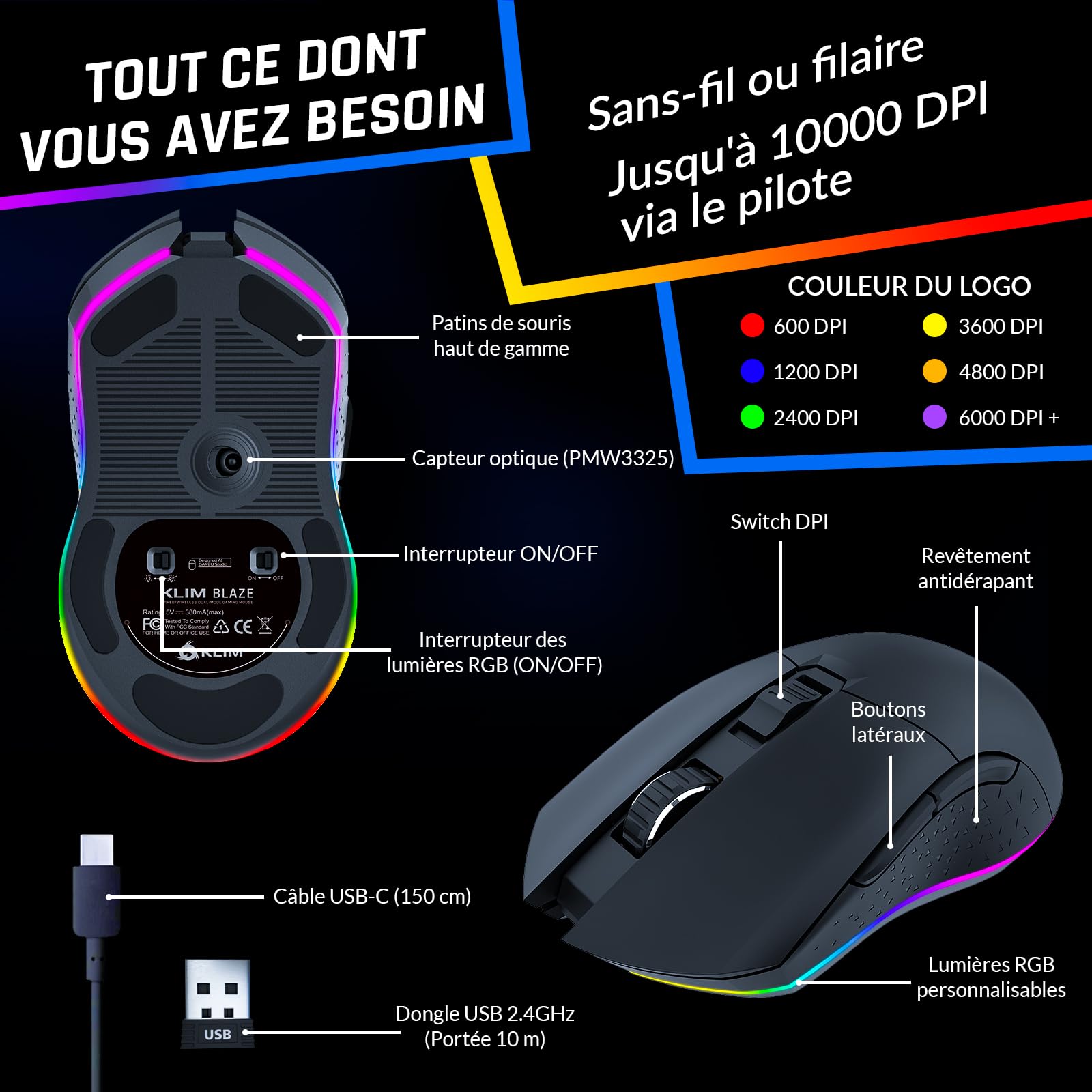 Blaze Souris Gamer sans Fil RGB - Rechargeable - Capteur Précis - 6000 DPI