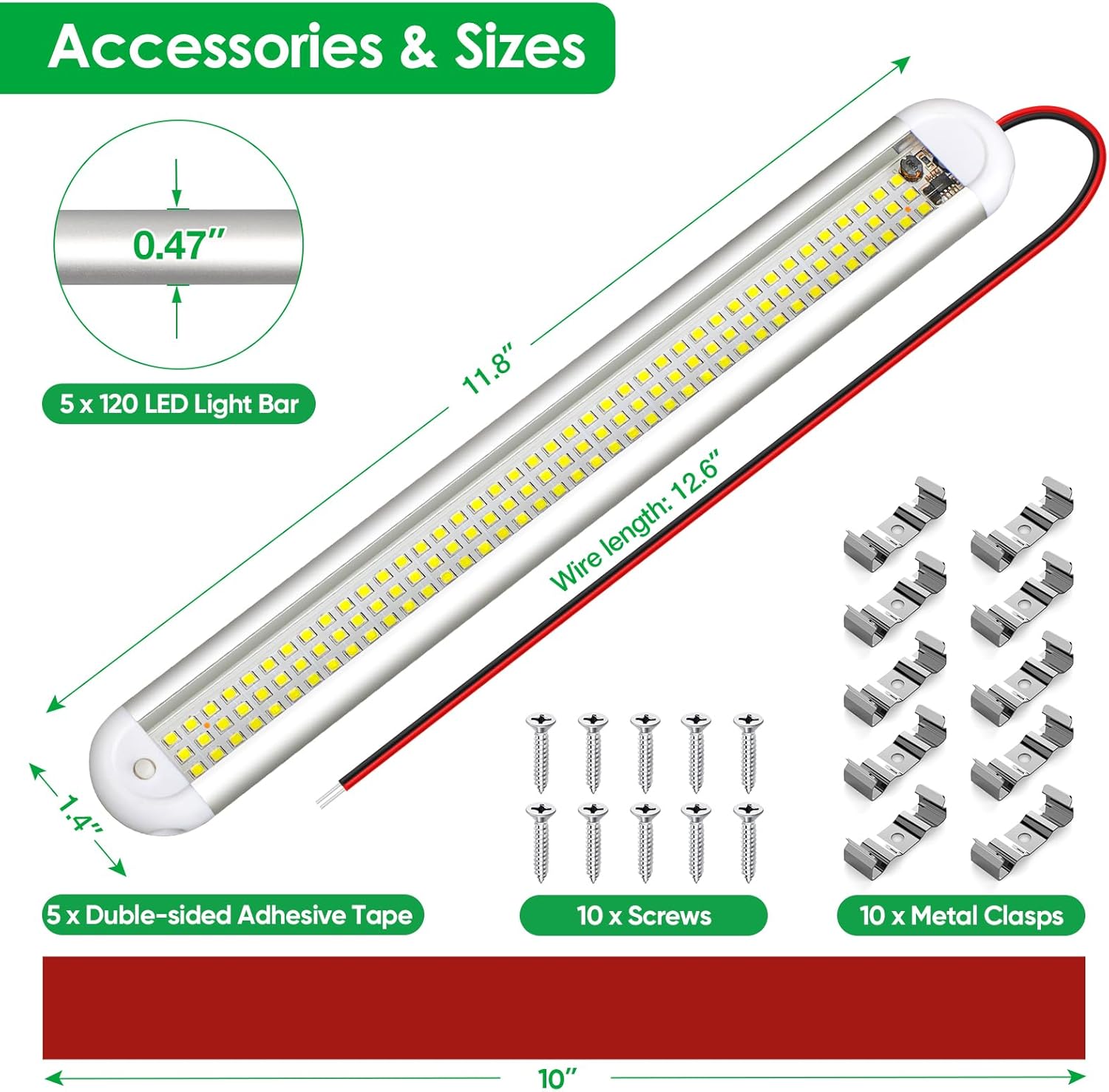 ropelux 12v Led Light Bar Strip, 120leds 1500LM 8W DC 12 Volt Led Strip Lights Fixtures with Switch, Enclosed Trailer Lights for RV Interior, Van, Truck Lorry, Camper, Boat, Caravan, Motorhome (9Pcs)