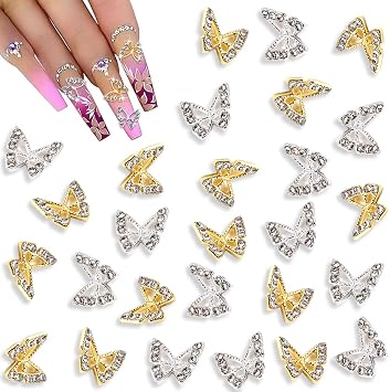 Nail Charms, 40 PCS Butterfly Nail Charms 3D Gold Silver Alloy Butterfly Nail Art Charms With Gems and Rhinestones for Nail Design Cute Nail Art Decorations Supplies
