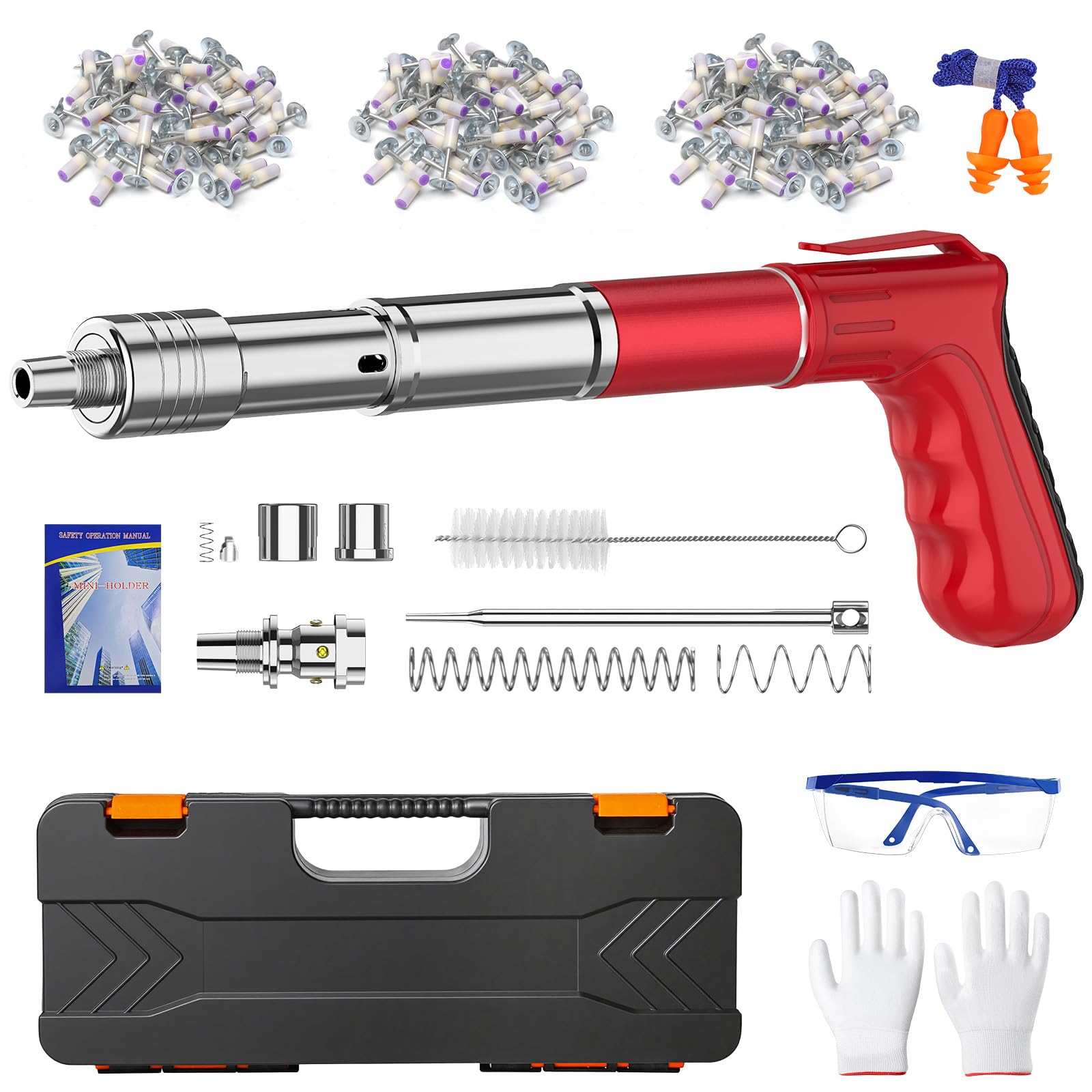 Pistola de Clavos, Pistolas de Uñas de Hormigón con 5 Velocidades Ajustable, 150 Clavos y Estuche de Transporte et Gafas y Guantes, Convient pour une Fixation Murale, sur Briques et sur Acier (A)