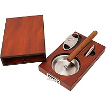 Portable Cigar Ashtray Set Guillotine Cigar Cutter, 7mm Punch & Cigar Rest, Bed, Premium Sapele Wood Sliding Drawer Case with Detachable Stainless Steel Ashtra 8.25" L x 5.5" W x 1.5" H