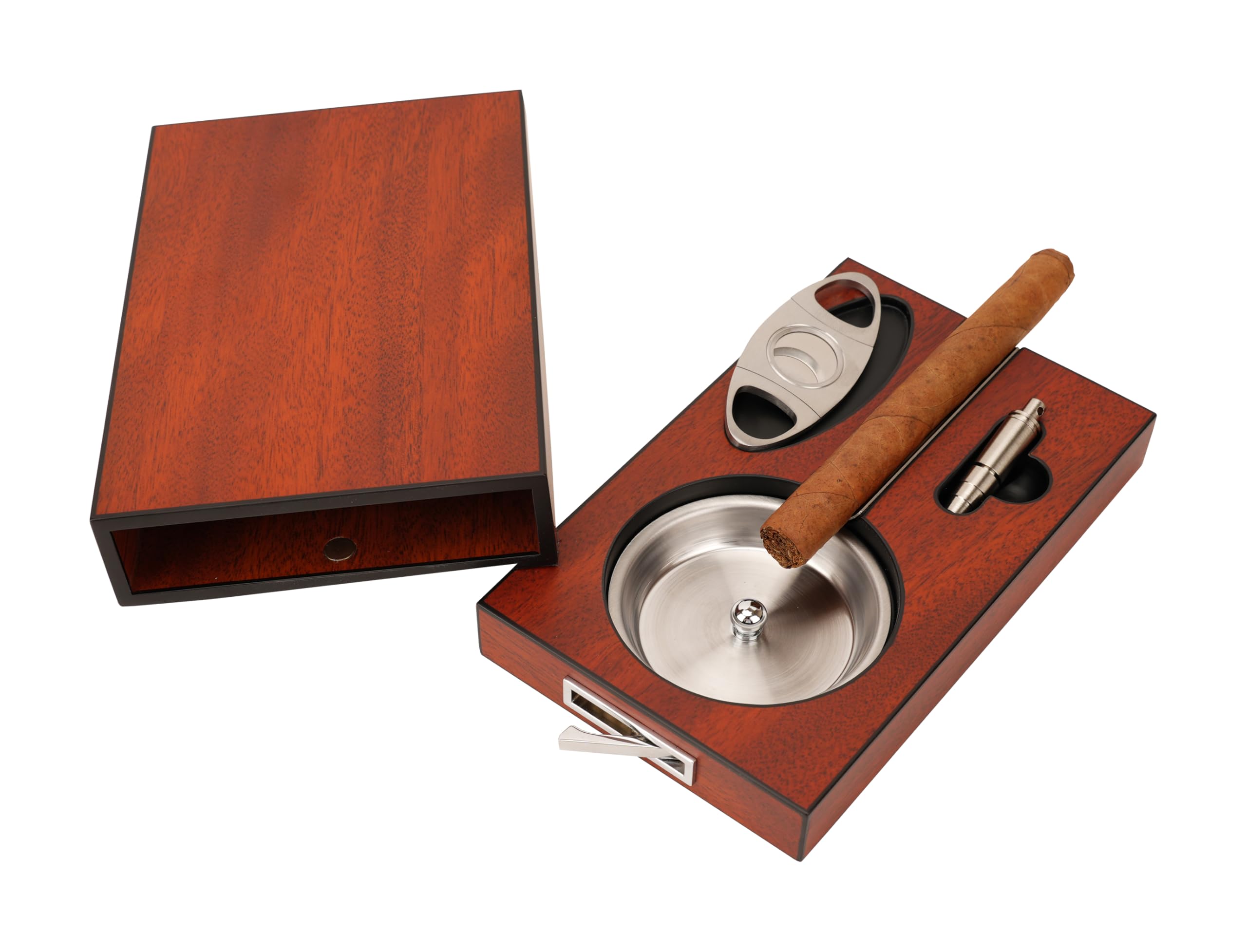 Cendrier à cigares de luxe avec coupe-cigare et étui en sapele, coffret cadeau pour homme