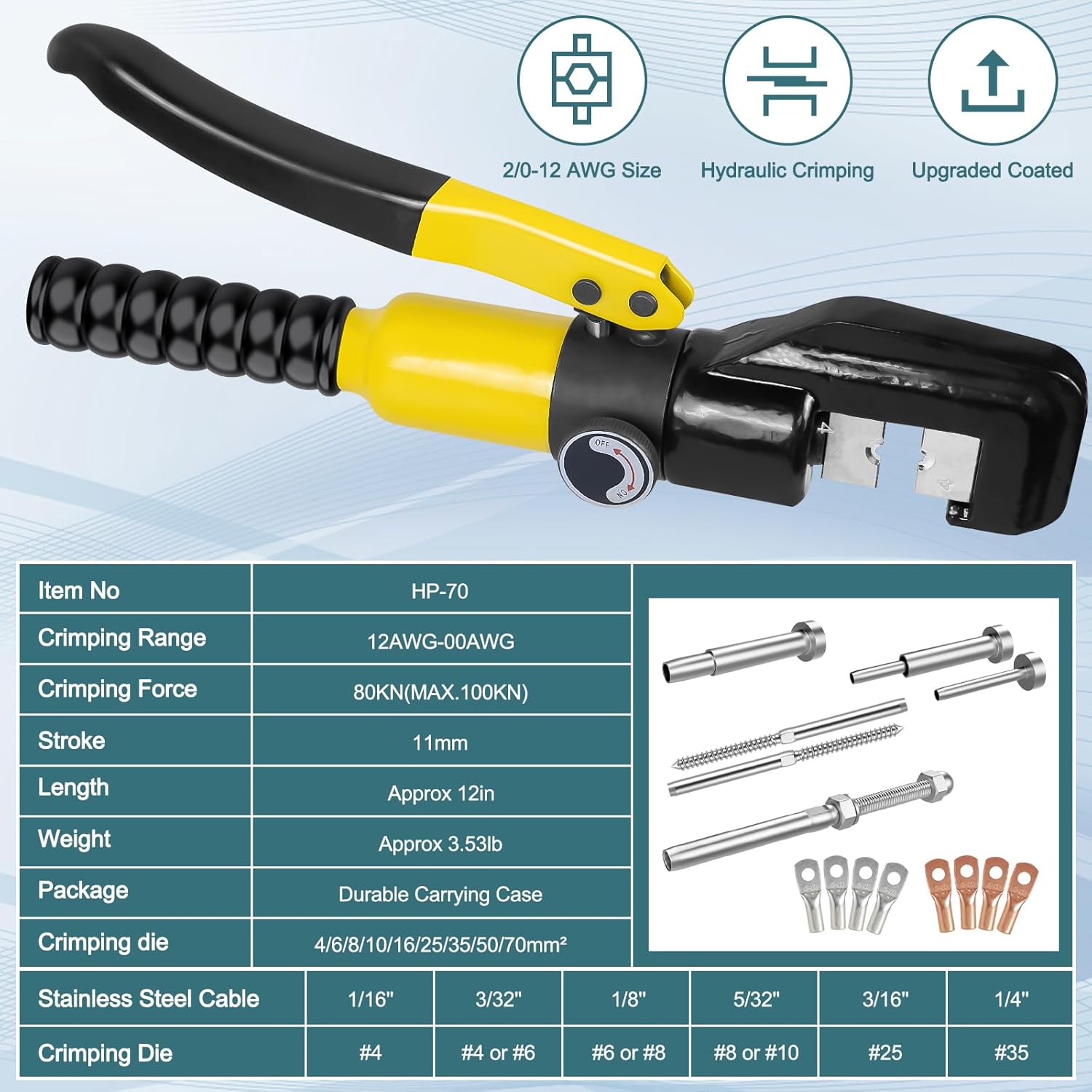 BLIKA Hydraulic Crimping Tool with 13 Dies, 10 Ton Battery Cable Crimper Tool & Wire Rope Crimping Tool 12AWG-2/0AWG for Stainless Steel Cable Railing Hardware Kit, Y
