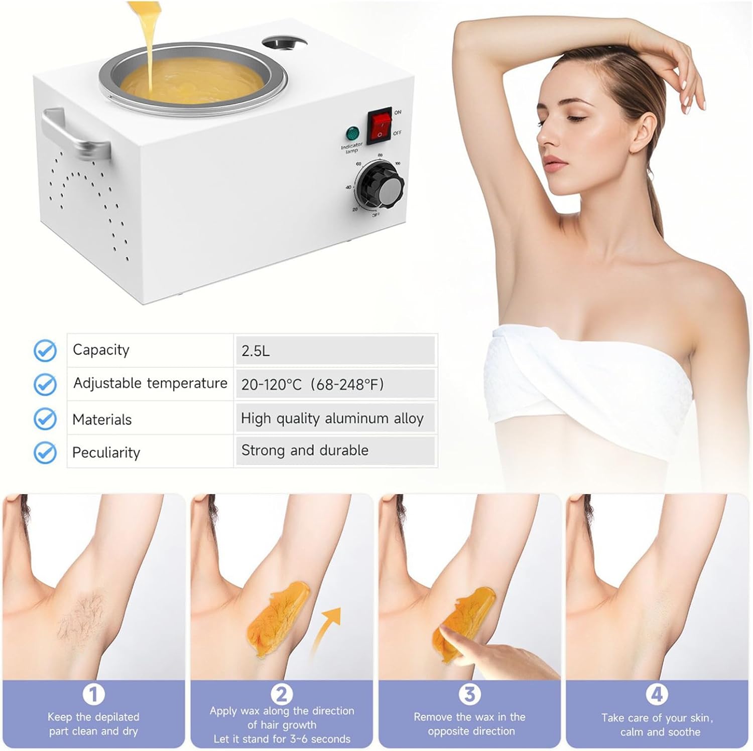 Paraffin Wax Bath for Hands Feet, Hand & Feet Parafin Wax Warmer, Adjustable Temperature 20-120°C, Capacity 2.5L, for Hard Wax, Hair Removal Wax, Paraffin Wax