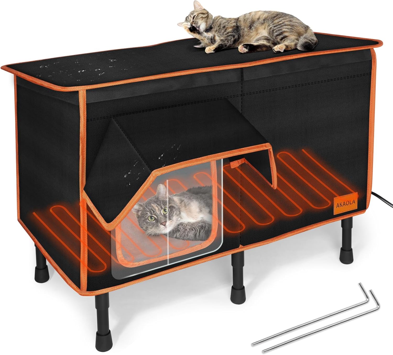 Heated Outdoor Cat House for Outside Winter 100% Waterproof Oxford Tarpaulin with Safe Escape Door and 5" Elevated Base with Heater for Feral Barn Cat Kitty (26“x20”x14“)