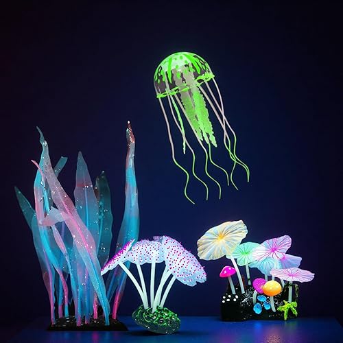 4-Pack Silicone Fluorescent Aquarium Plants & Decor - Realistic Jellyfish, Mushrooms for All Fish Tanks, Essential Decorations