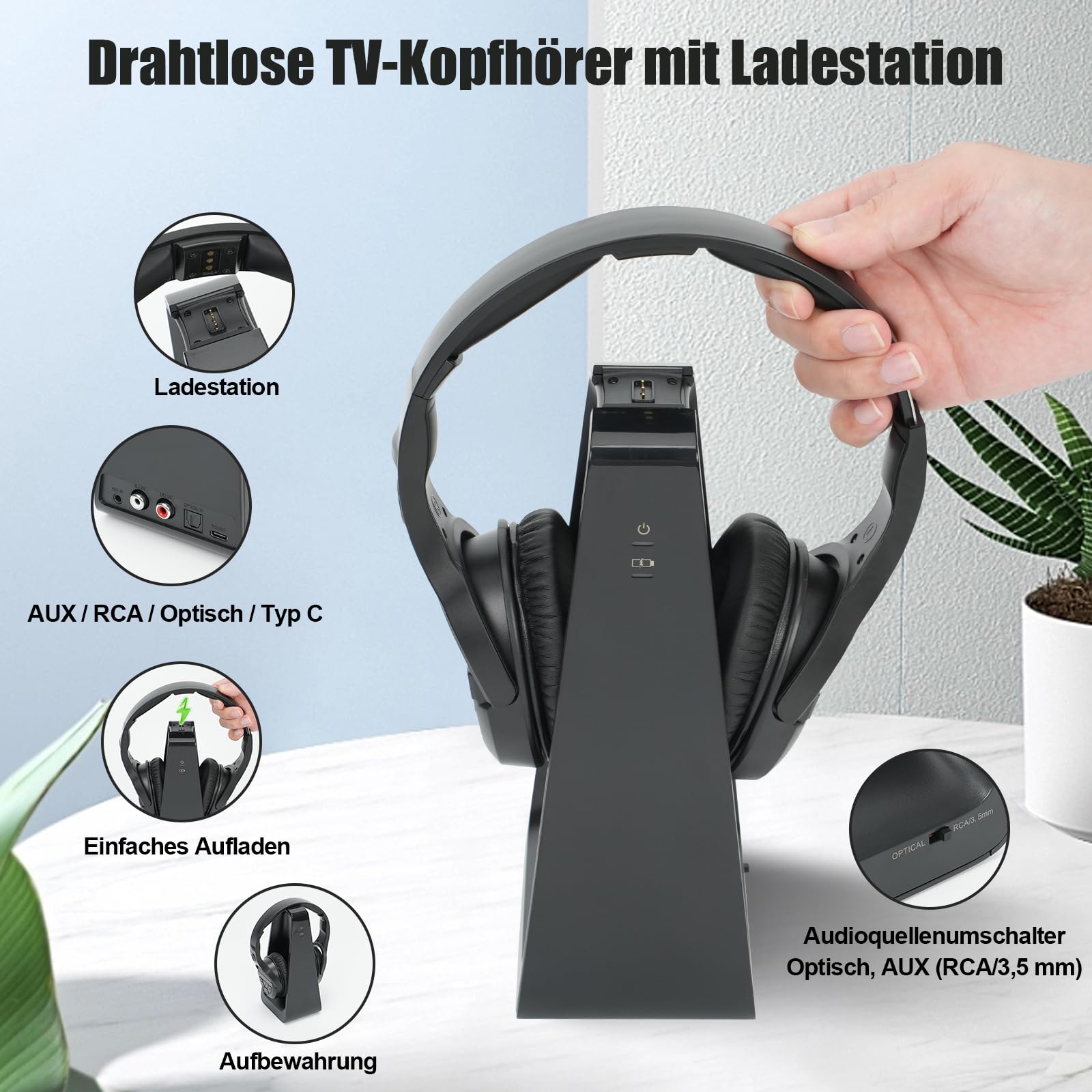 Drahtlose TV-Kopfhörer mit Ladestation und Sender, 2,4-GHz-Funkkopfhörer zum Fernsehen, große Bedientasten und Klangverstärkung für Senioren, Leichtes, Bequemes Bluetooth-Headset, Einfach zu Bedienen