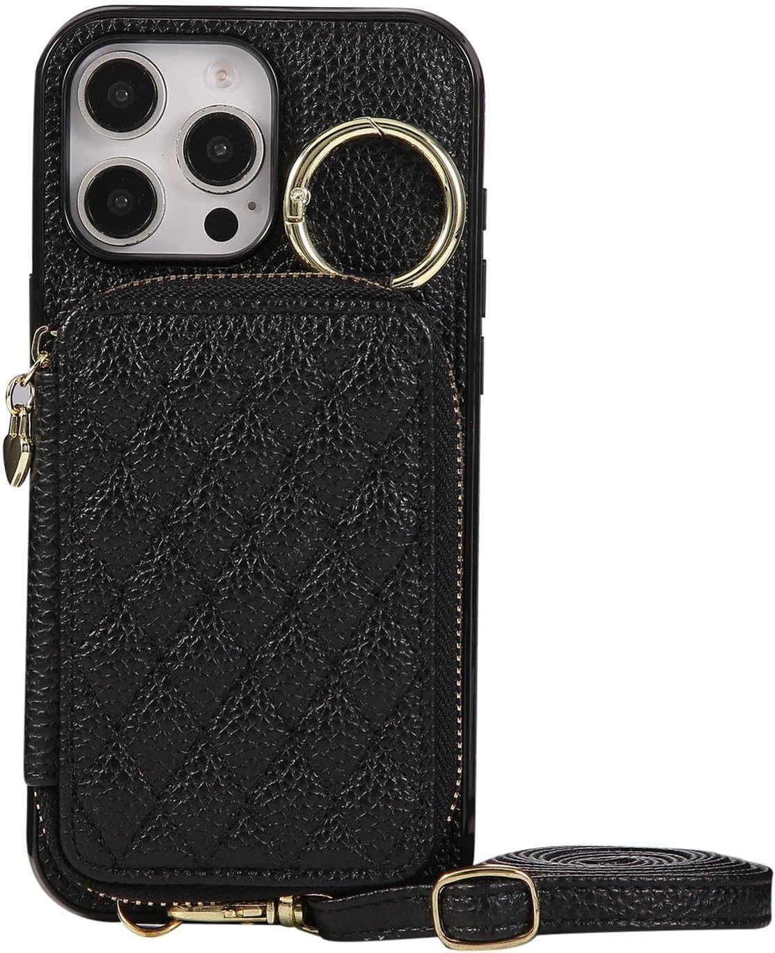 Crossbody Wallet Case for iPhone 14 Pro Max, Zipper PU Leather Phone Cover with Card Holder Kickstand and Detachable Strap - Black