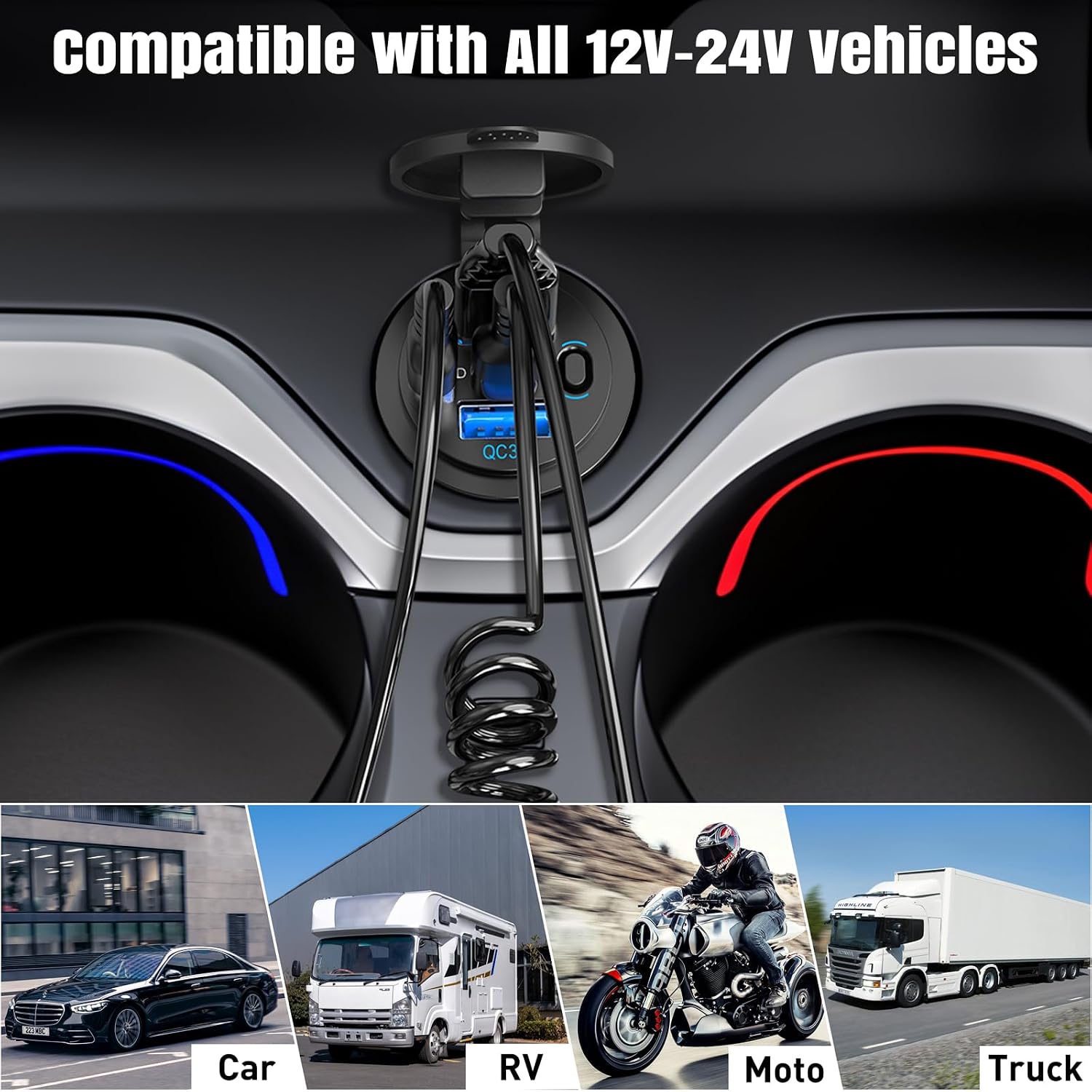 2PACK 90W Dual PD & Dual Quick Charge 3.0 Qidoe USB C 12V Outlet,4 Port with Power Switch, Car Charger Socket for RV Boat Marine Truck Motorcycle