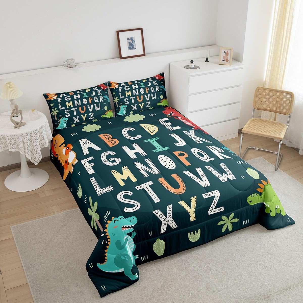Feelyou Alphabet Kids ABC Learning Bedding Set Twin Size, Cartoon Dino Comforter Kids Educational Nursery Art Comforter Set for Boys Girls Jungle Dino Duvet Set Durable Bed Set 2Pcs