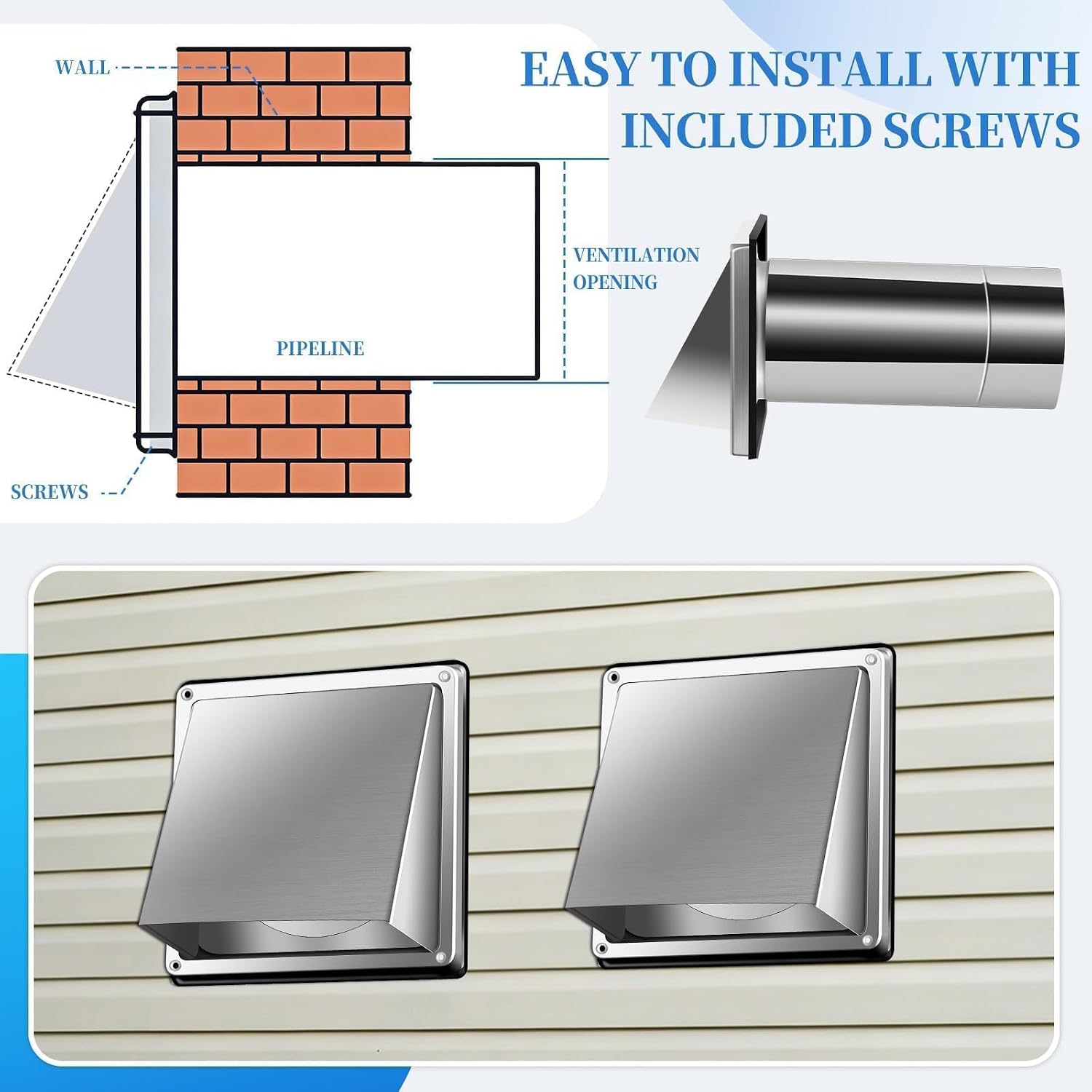 4" Dryer Vent Cover Outside Dryer Exhaust Vent with Removable Extended Pipe Stainless Steel Hood Cushioned Non Return Flap with Sealing Gasket Grille Screen for Exterior Walls