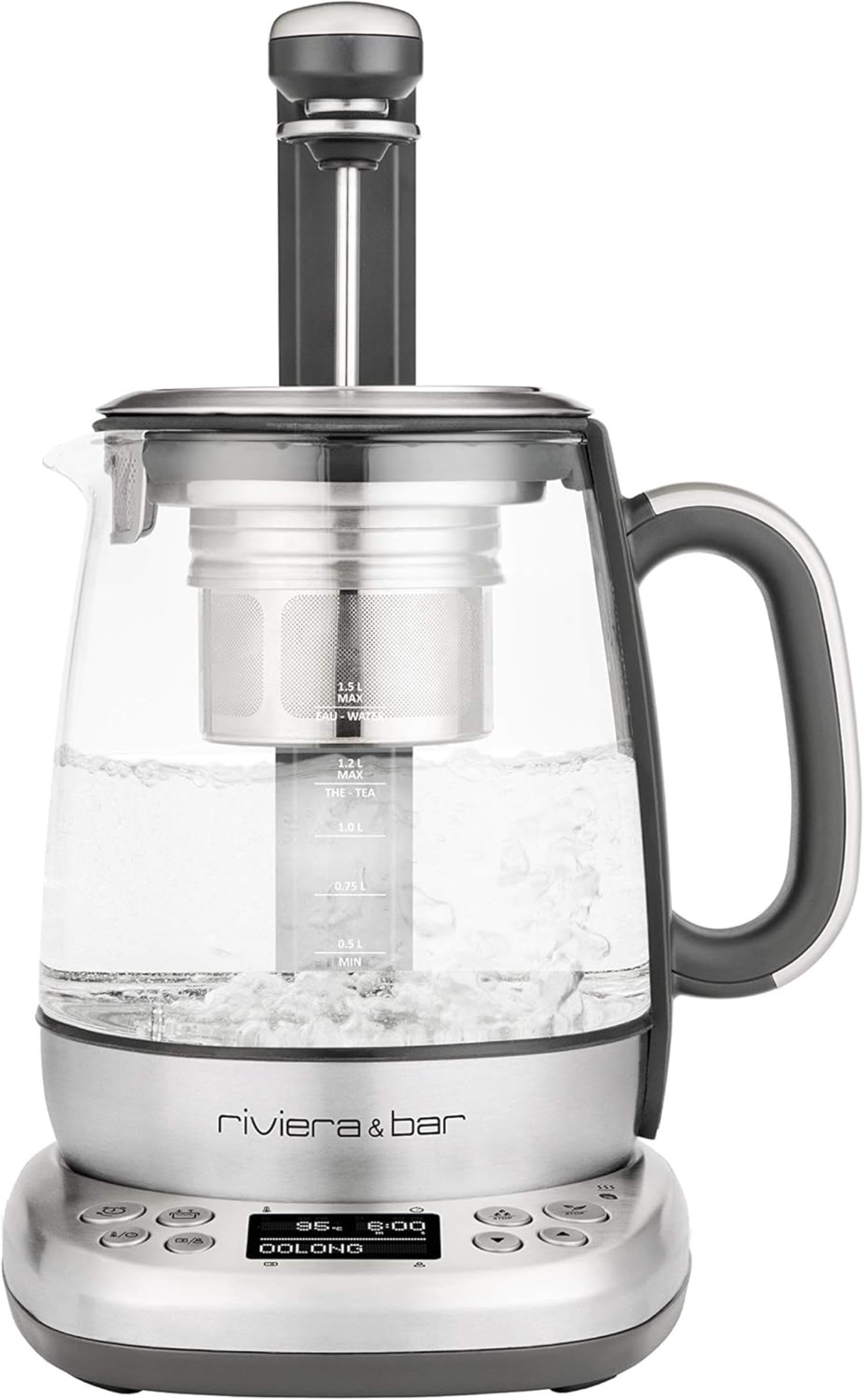 riviera&bar Théière Bouilloire CHA DAO EXPERT à Température Réglable - Verre Trempé et Inox, Mode Silencieux, Infusion Thé Optimale, Écran LCD, Programmes Personnalisables - 1,5L - Inox