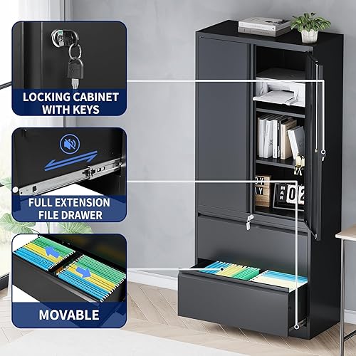 Miniatura 4 de Yizosh Armario de almacenamiento de metal con 2 cajones, gabinete de archivo de acero con cerradura de 71 pulgadas para oficina en casa, gabinete de