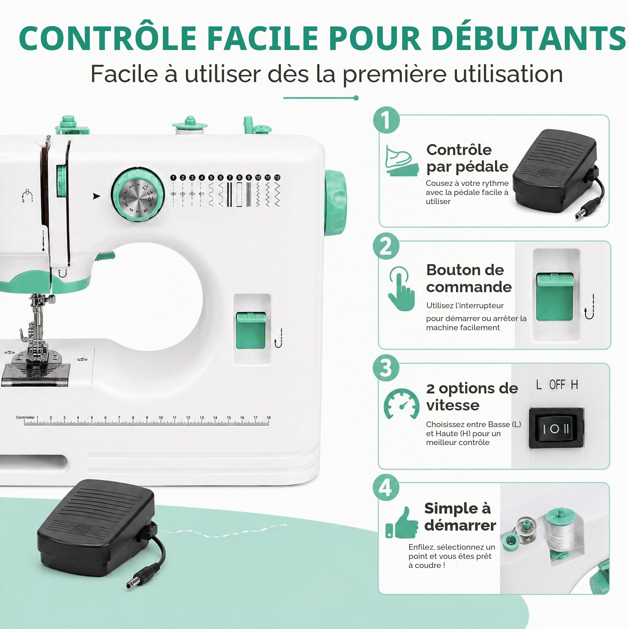 Petite machine à coudre électrique portable pour débutants, 12 programmes de couture, éclairage LED, kit d'accessoires de 42 pièces, idéal pour les voyages