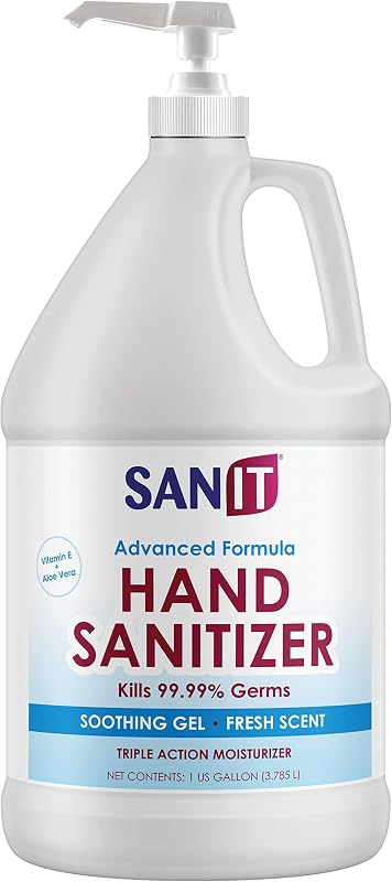 Sanit Moisturizing Hand Sanitizer Gel 70% Ethyl Alcohol - Kills 99.99% Germs, Advanced Formula with Vitamin E and Aloe Vera - Soothing Gel, Fresh Scent, Made in USA - 1 Gallon with Easy to Use Pump
