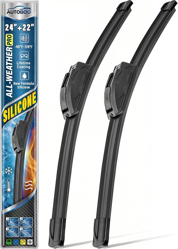 Palhetas do limpador de para-brisa de silicone AUTOBOO 24" + 22" para braço tipo U/J – Kit com 2 unidades