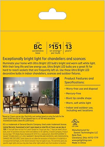 Miniatura 3 de GE Bombillas LED ultra brillantes, 100 W, luces blancas suaves, bombillas B12 decorativas transparentes (paquete de 3)