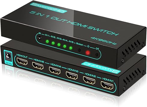 SkycropHD 4K@60Hz HDMI Switch, 5 in 1 Out HDMI 2.0 Switcher with Remote Support Auto Switch, HDR10, Dolby Vision, Dolby Atmos, 18Gbps, CEC