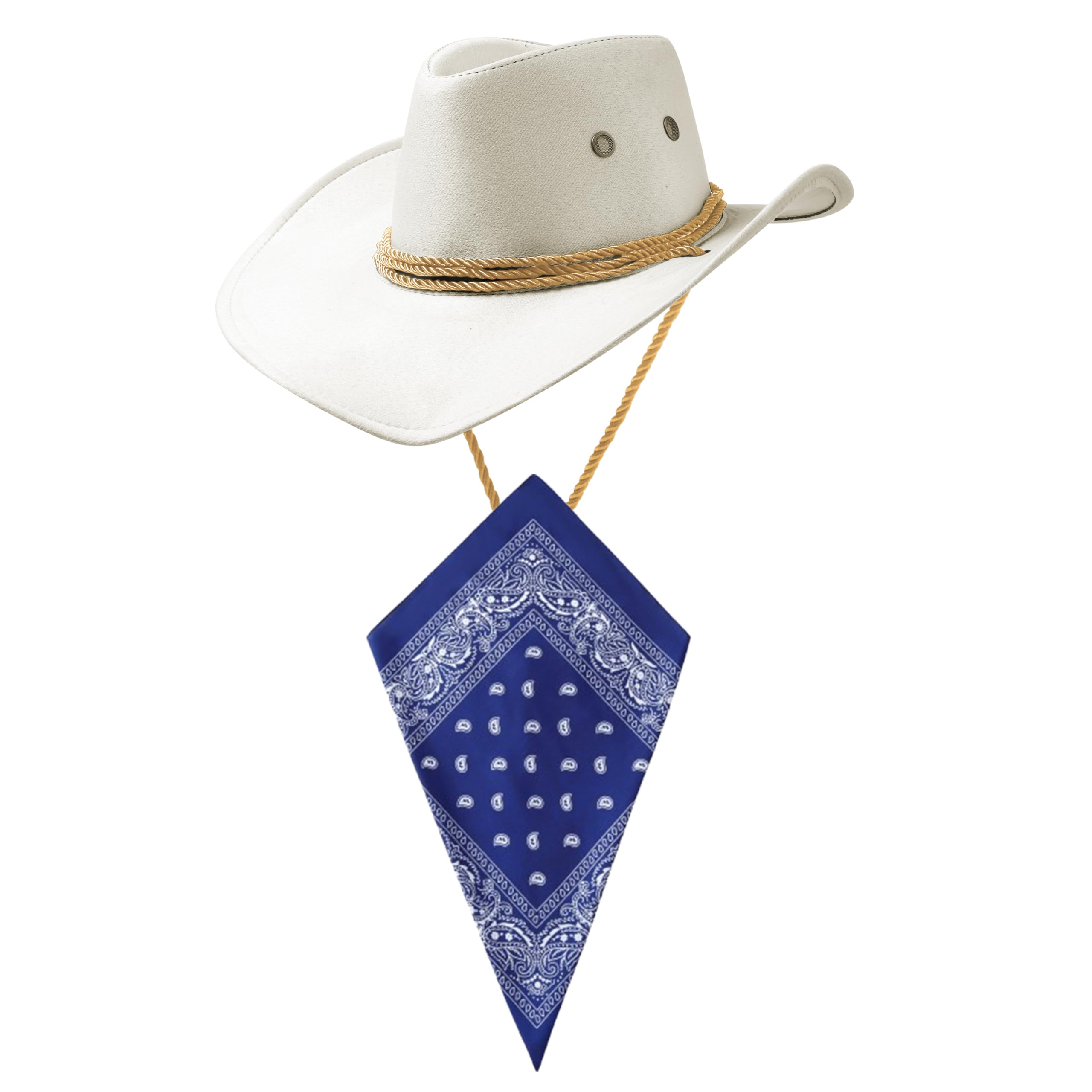 Komonee White Cowboy Hat and Blue Bandana Western Sun Cap Faux Felt Leather Suede Fancy Dress Party Costume Outfit Neckscarf Protection Mens Womens โ image 1