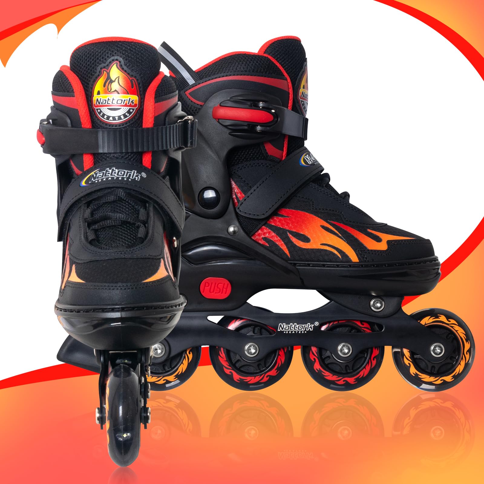 Nattork Adjustable Inline Skates for Kids and Teens, Nezha Inferno Skates Indoor and Outdoor Blades Roller Skates with 8 Light Up Wheels for Boys Girls Aged 4-16, Adult Women Beginners Flame Style