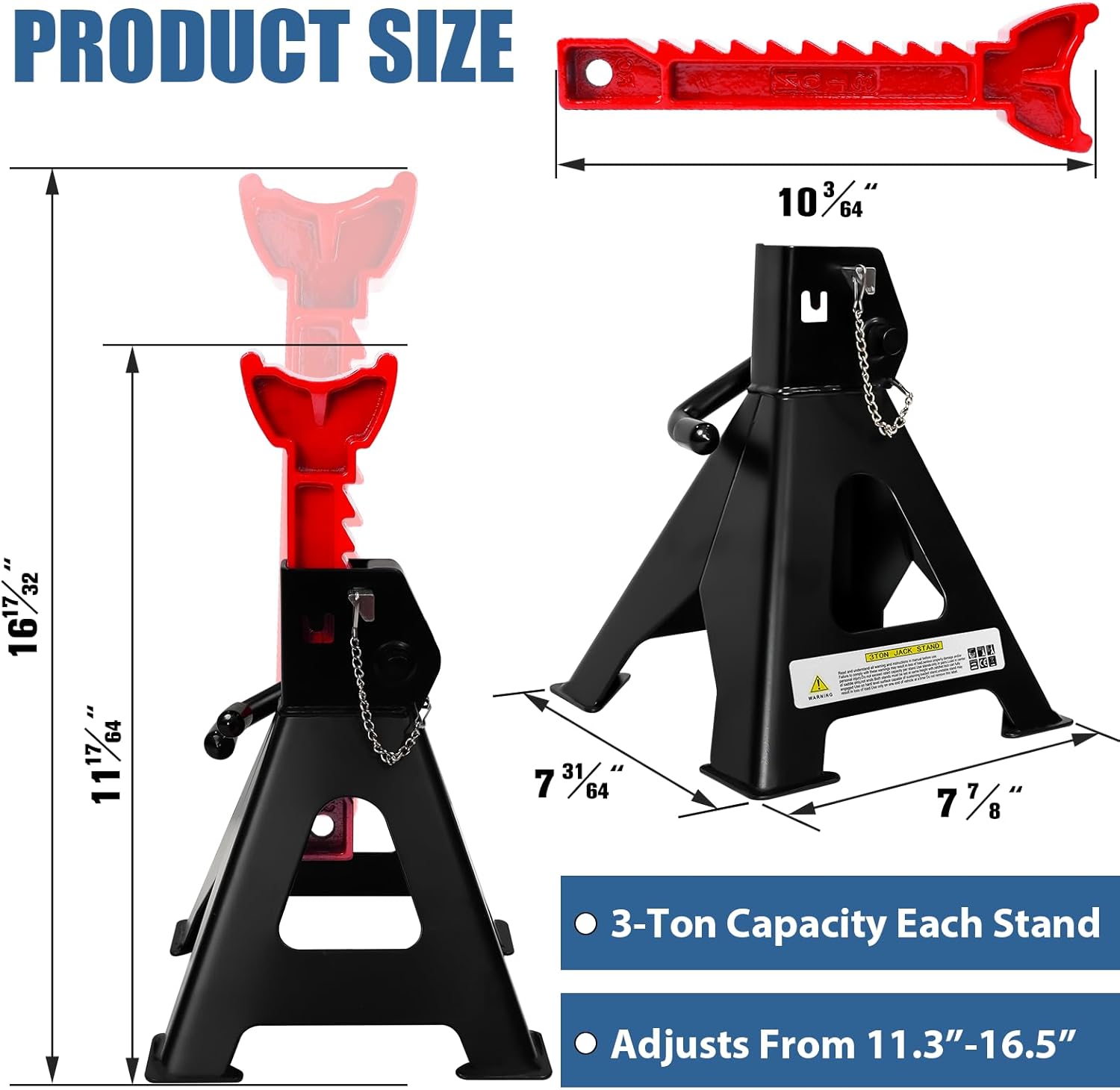 3 Ton Jack Stands Heavy Duty (6,600 LBs Capacity), Car Jack Stand for Trucks with Double Pin Locking & Rubber Pads, 11.22"-16.54" Adjustable for Garage, Home, Vehicle Lifting, 1 Pair Black