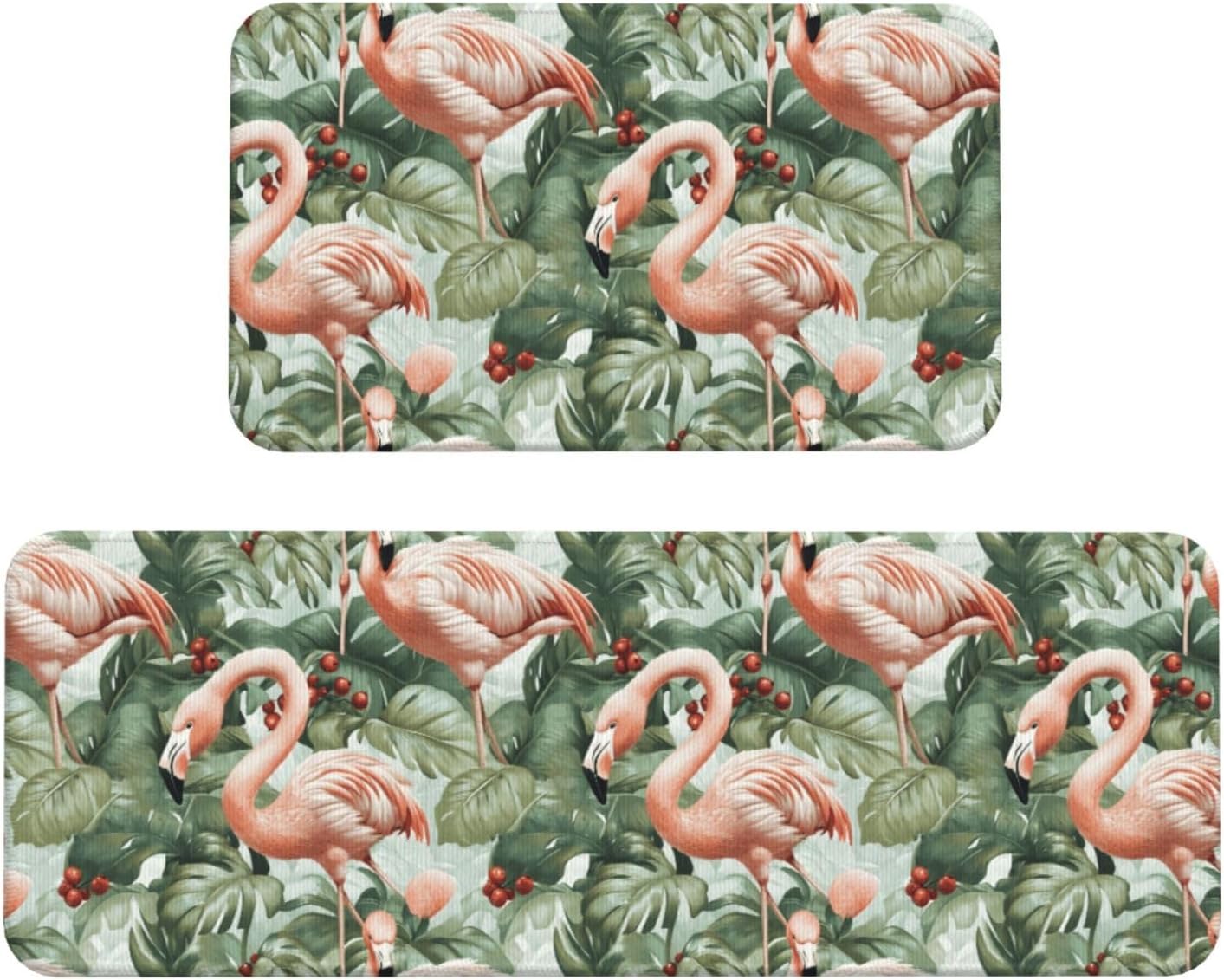 Tropical Plant Flamingo Print Kitchen Rugs Sets of 2 Non Slip Washable, Anti Fatigue Kitchen Mats for Floor, Home Decor