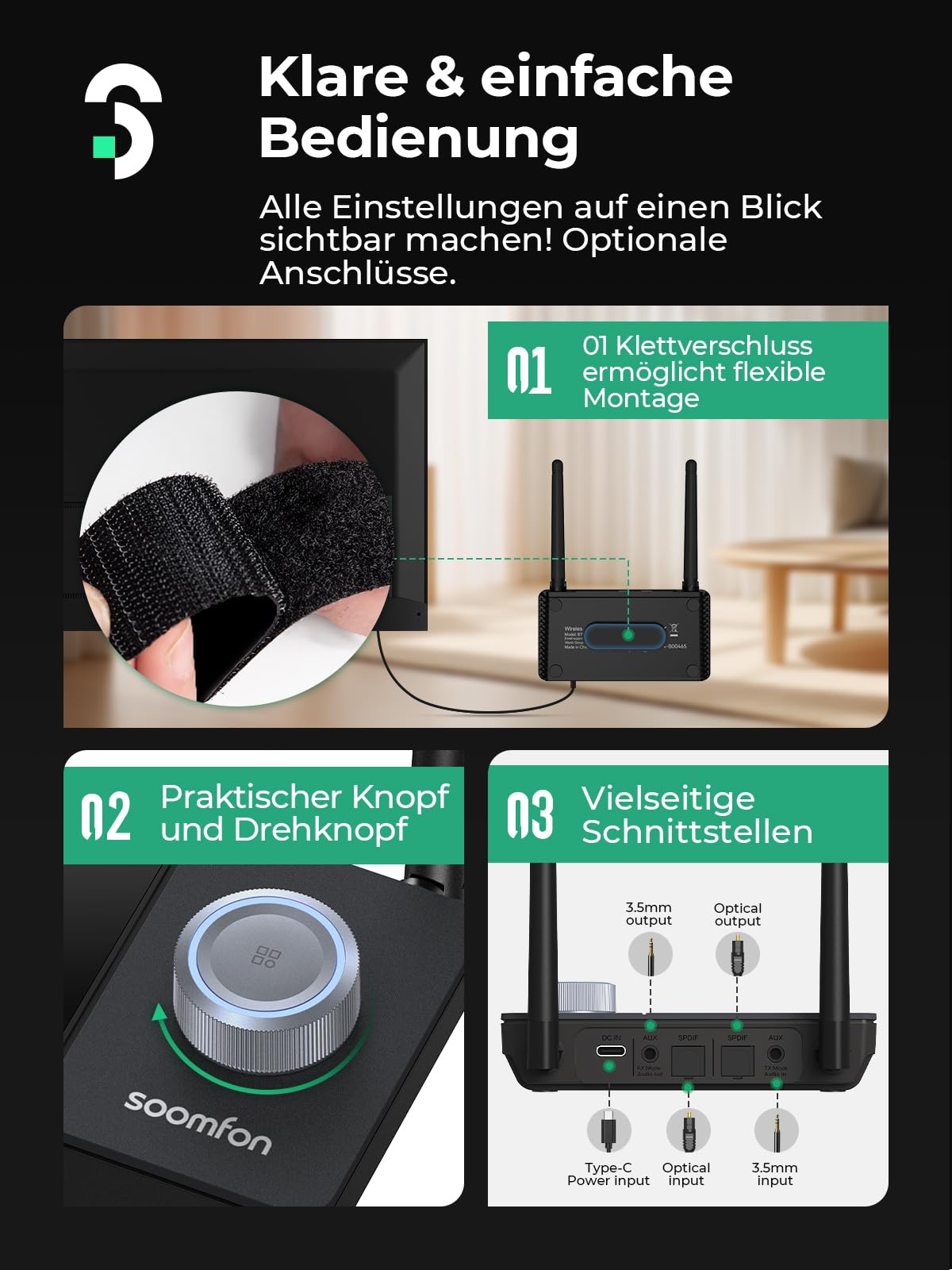 SOOMFON Bluetooth 5.3 Sender Empfänger mit Doppelantenne, 3-in-1 BT Audio Adapter für 2 Kopfhörer, Bluetooth Transmitter Receiver für TV/Stereoanlage, mit Bildschirm & Lautstärkeregelung, Aux/Optisch
