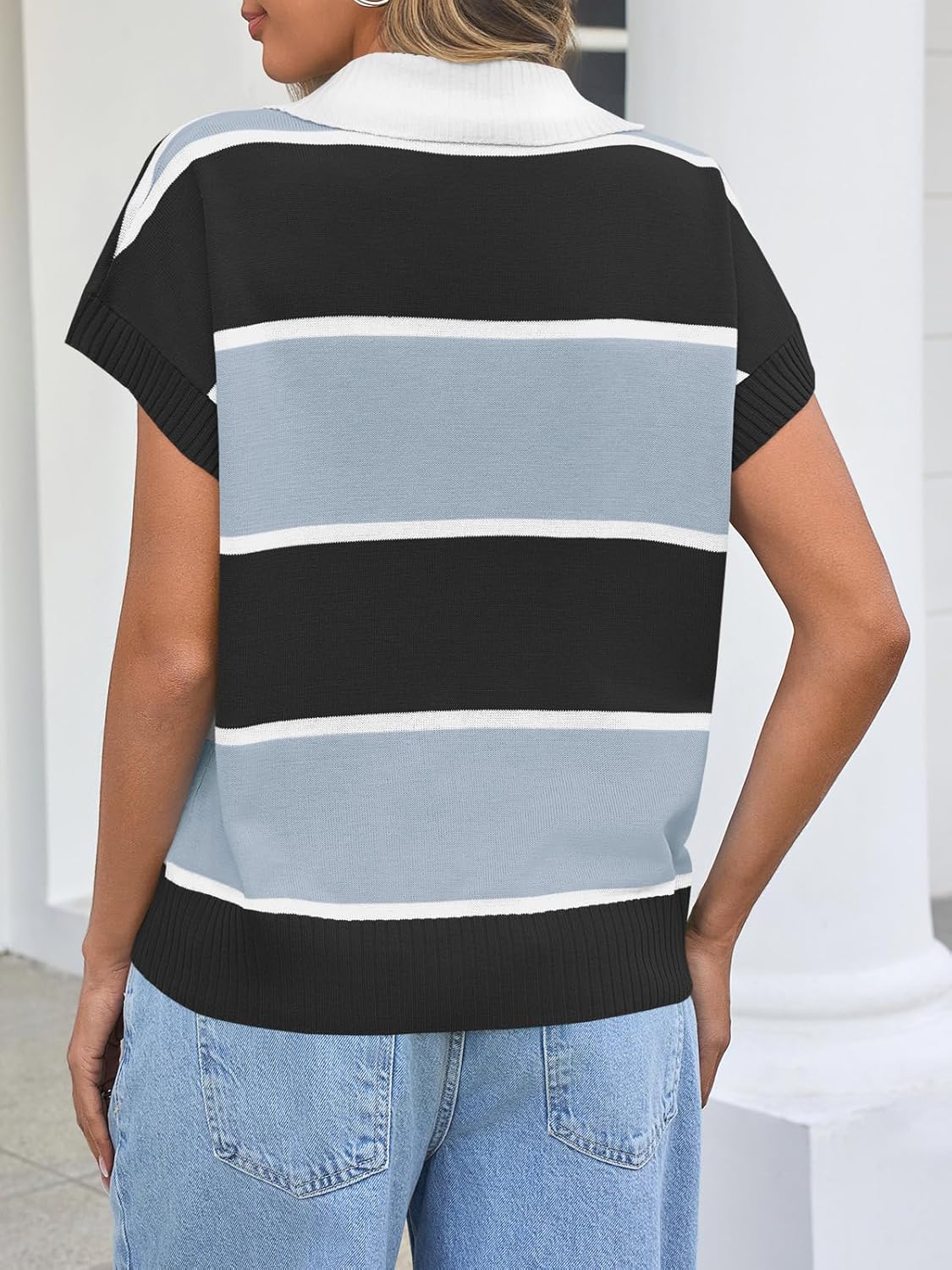 Saodimallsu Women's V Neck Button Down Striped Short Sleeve Knit Sweater - Image 5