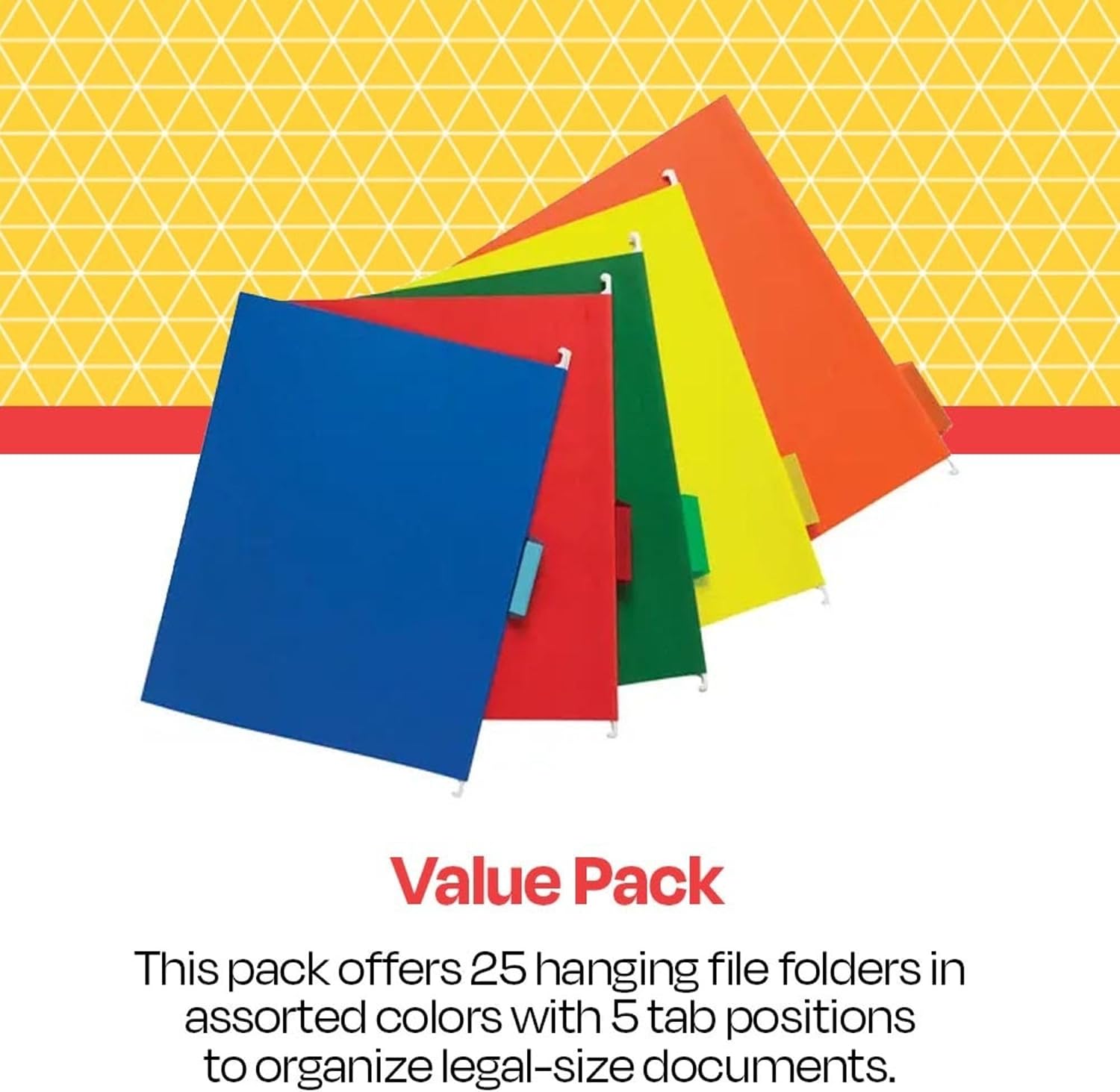 School Smart Hanging File Folders, Letter Size, 1/5 Cut Tabs, Assorted Colors, Pack of 25