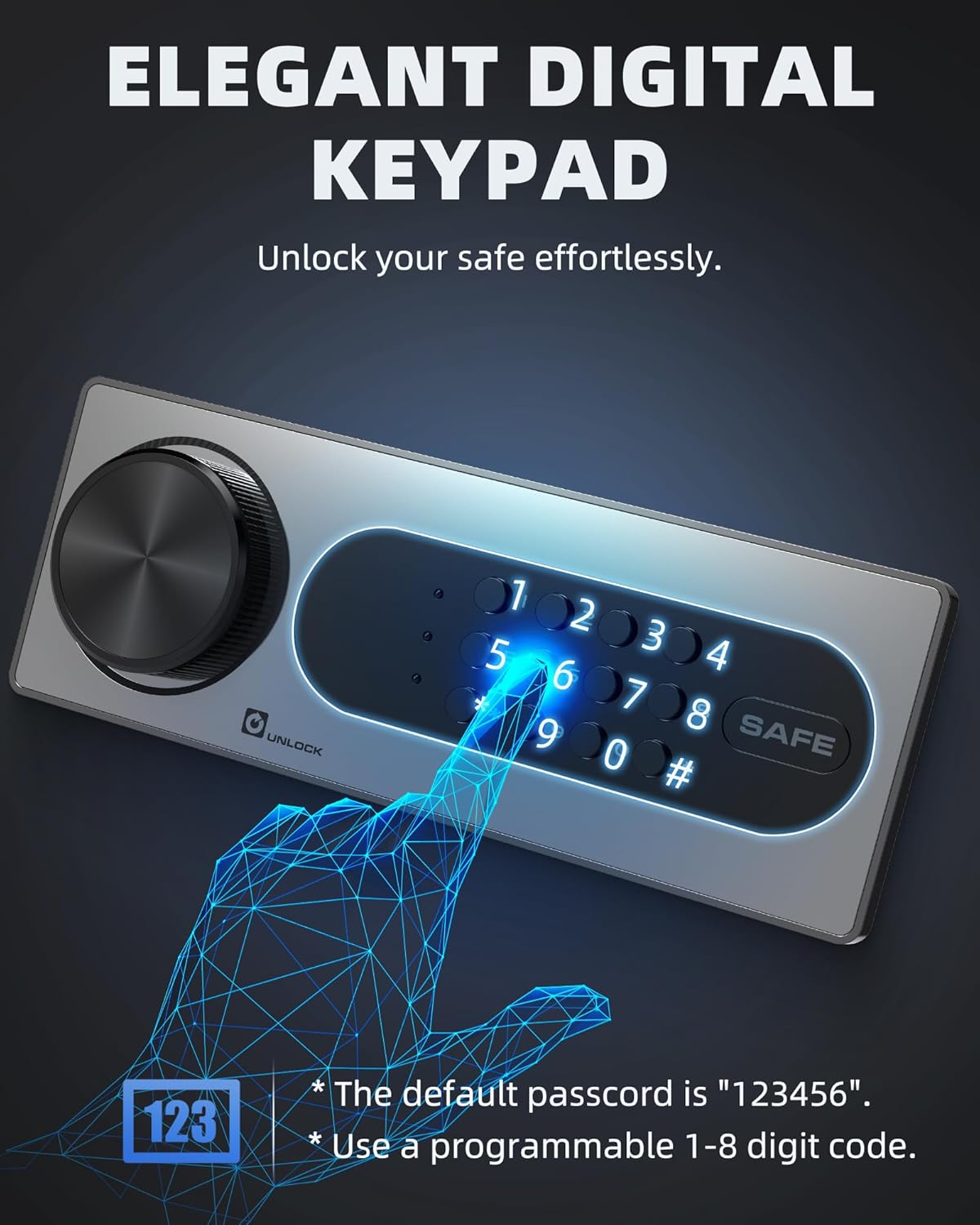 Close-up of the DAYI Safe Box digital keypad with a hand entering a code.