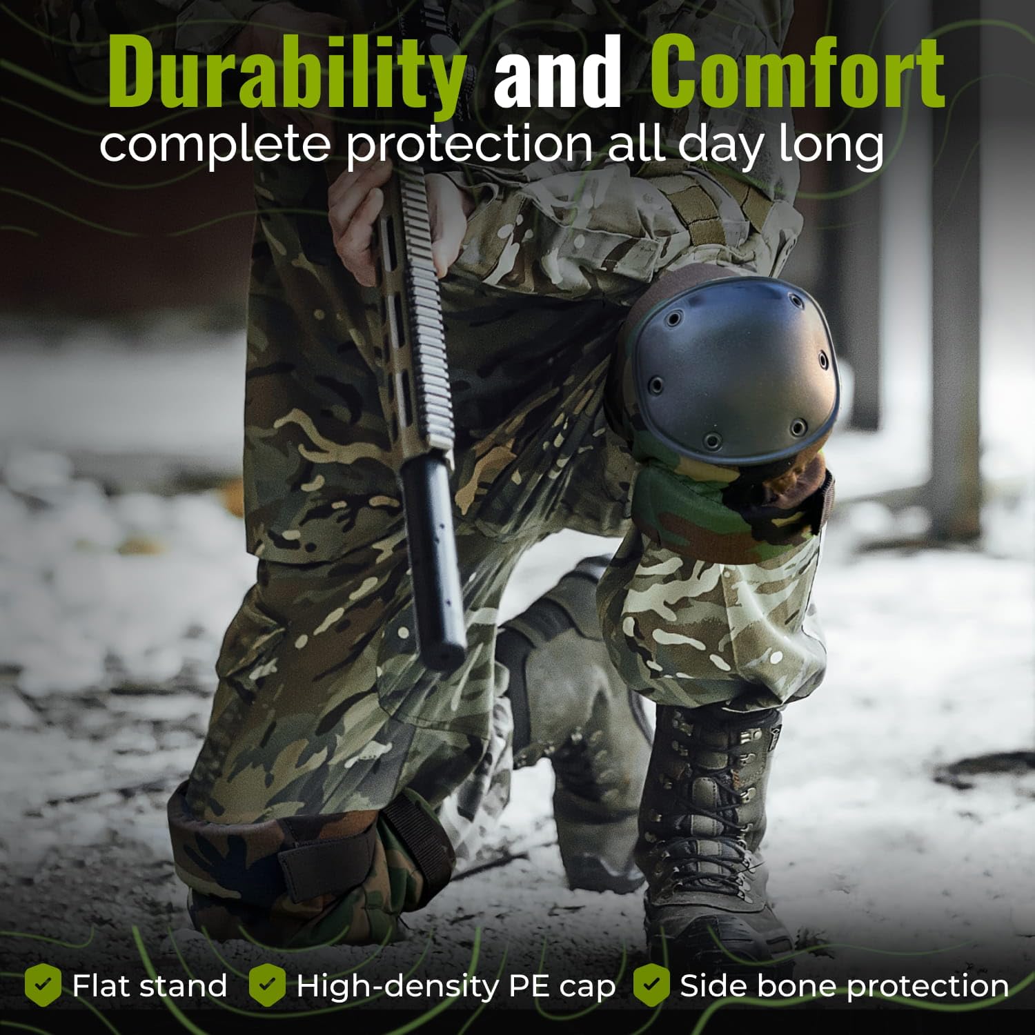 PRO Army Style Multi-Level Protection Knee Pads, Large Size, Woodland Camo, 1 Pair - Hard Cap & Adjustable Grip for Free Movement - All Day Comfort, Made in USA