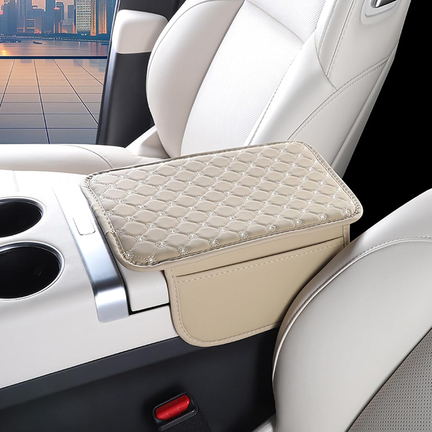 Bling Arm Rest Cover, Leather Rhombus Pattern Middle Console Protector, Rhinestones Car Armrest Support Pad with One Storage Pockets, Car Accessories for Women Interior Sets (Beige)