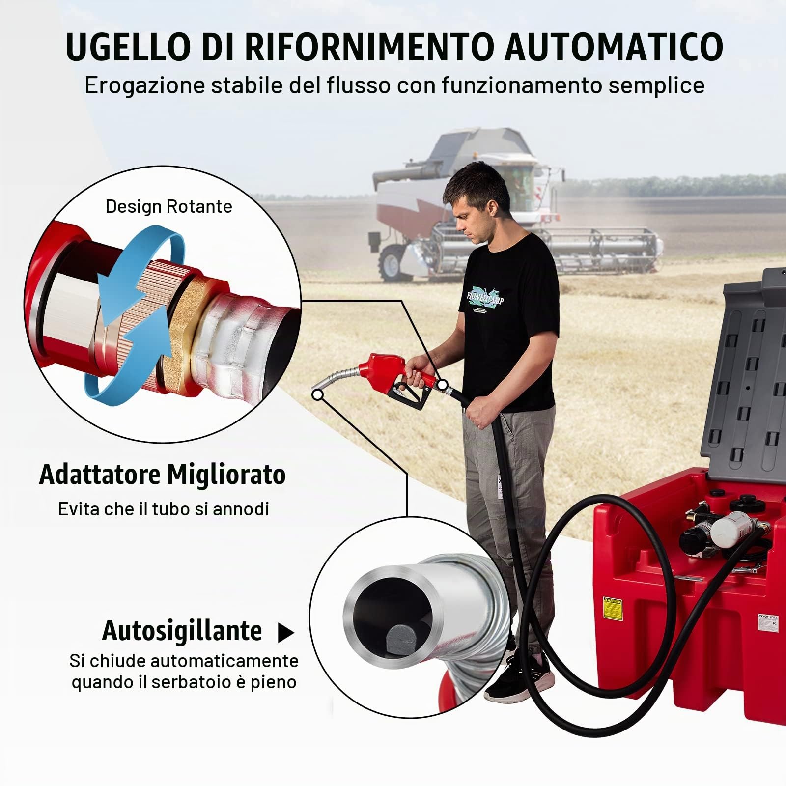 VEVOR Serbatoio per Diesel Portatile Capacità 220 Litri Portata 10,6 GPM, Serbatoio per Carburante con Pompa di Trasferimento Elettrica da 12 V Tubo in Gomma 3,9 m, Rosso