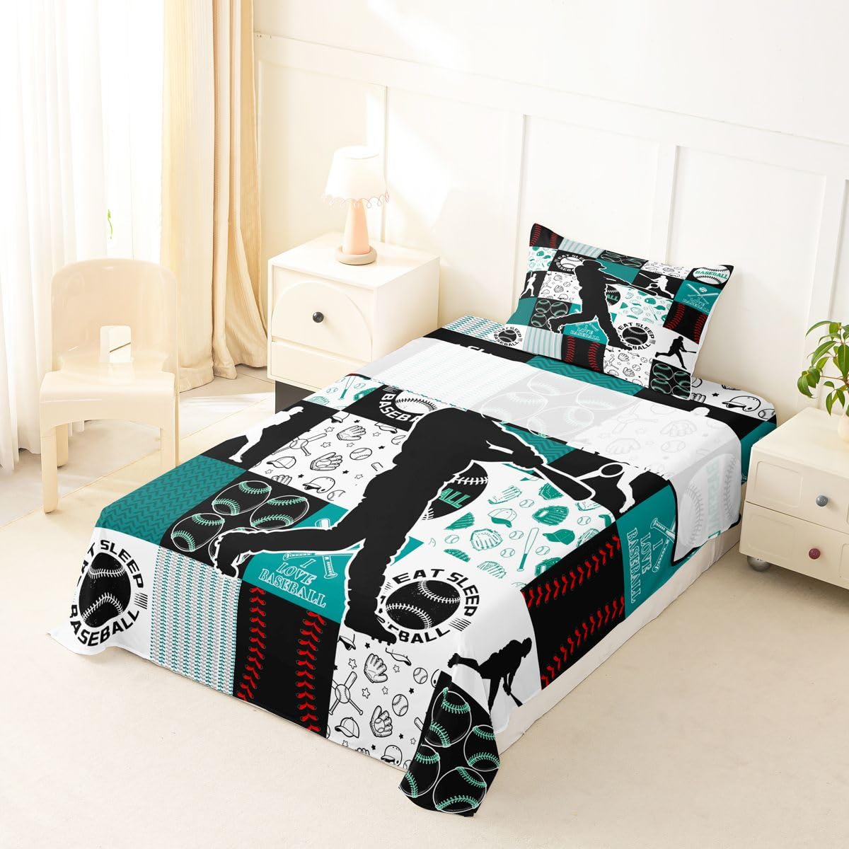Castle Fairy Baseball Player Bed Sheet Set Twin Size,Sports Geometric Grid Green Sheet Set Kids Teens,Patchwork Baseball Bedding Decor Set with 1 Flat &amp; 1 Fitted Sheet with 1 Pillow Sham