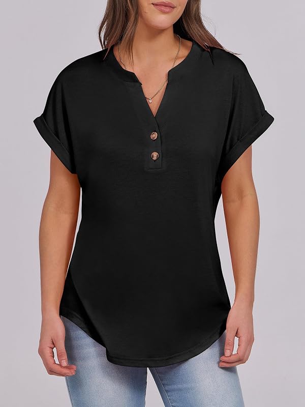 ANRABESS Womens Short Sleeve Henley Tops V Neck Dressy Casual Blouses Summer Trendy Tee Shirts 2026 Vacation Fashion Clothes Black S by ANRABESS - Used condition - Image 4