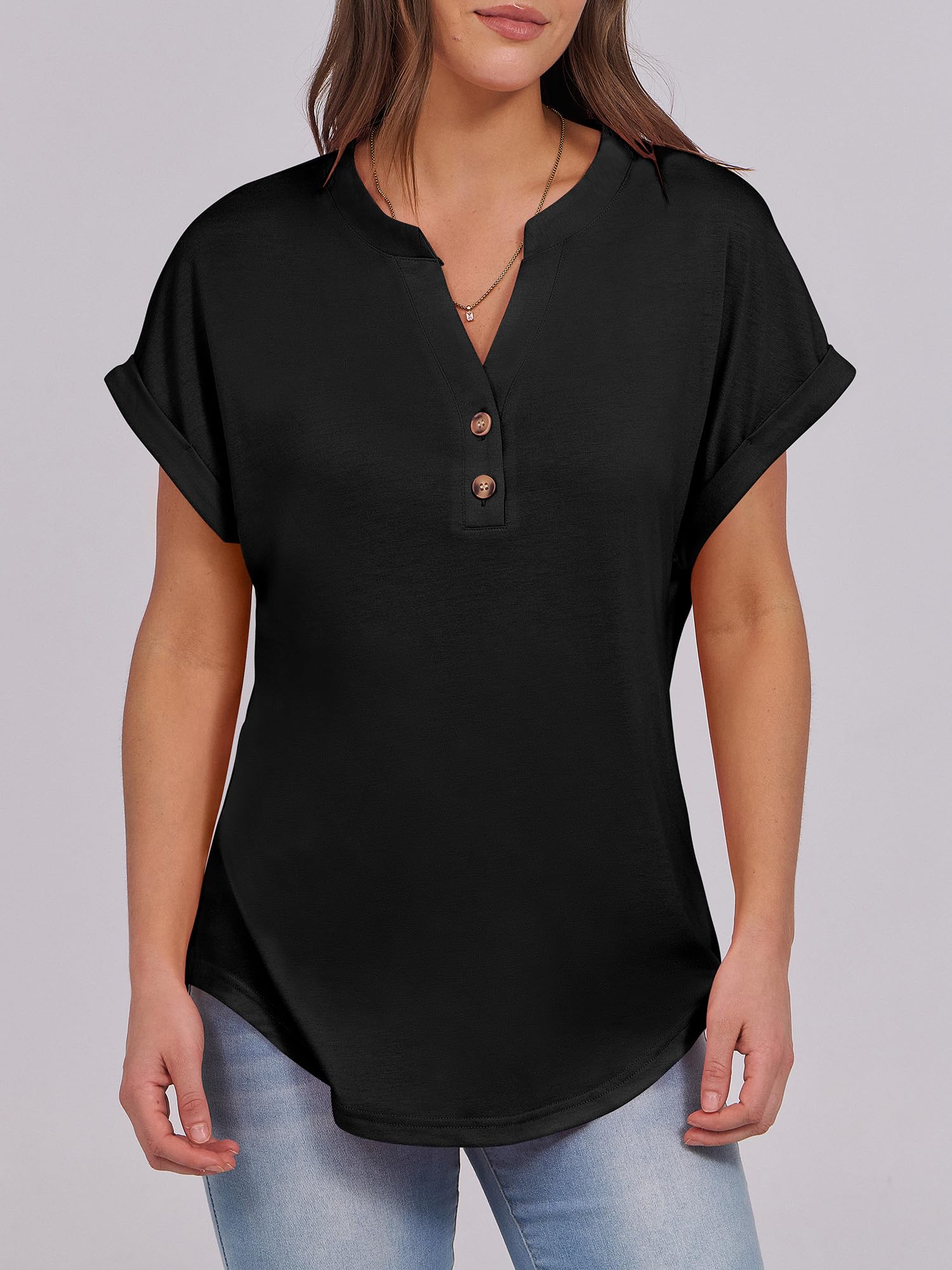 ANRABESS Womens Short Sleeve Henley Tops V Neck Dressy Casual Blouses Summer Trendy Tee Shirts 2025 Vacation Fashion Clothes