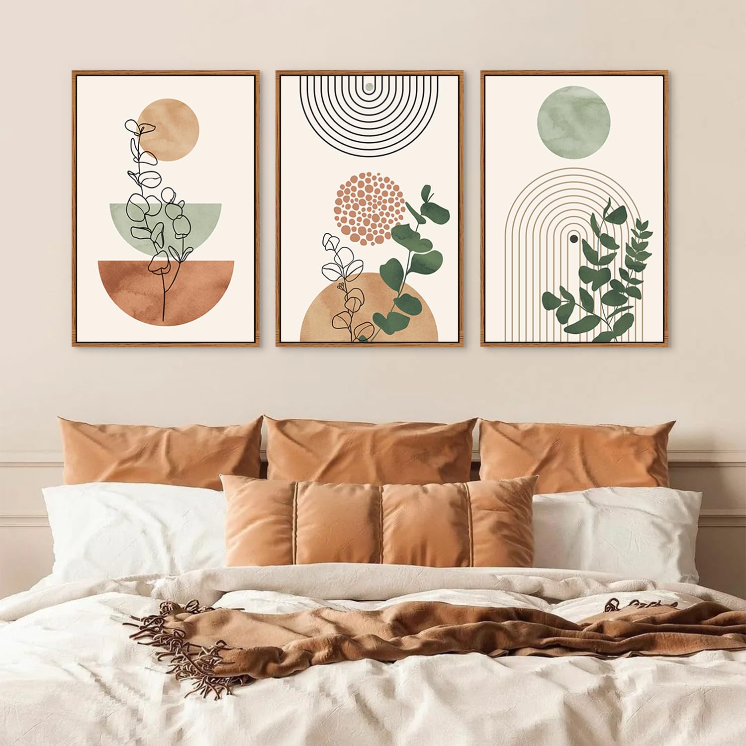 Boho Terracotta Green Framed Canvas Wall Art Set, Abstract Plant Wall Decor, Mid Century Modern Geometric Wall Painting, Neutral Abstract Art Print to Living Room, Bedroom, Office 36"x24"x3