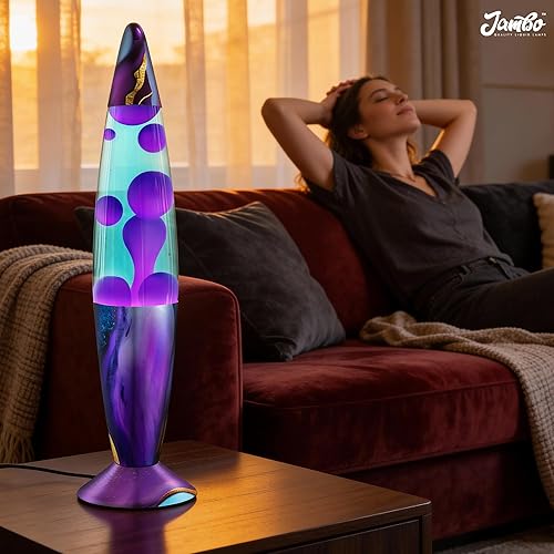 Miniatura 7 de JAMBO Hermosa lámpara de 16 pulgadas, color verde azulado con cera morada, luz líquida relajante, luz nocturna, luz nocturna retro, luz de Mármol