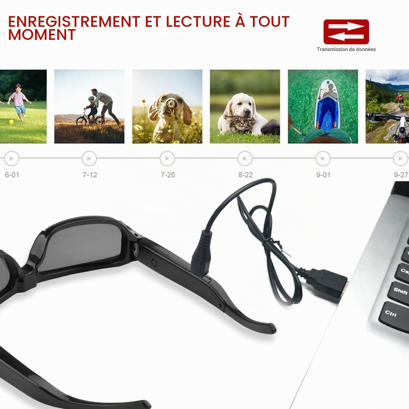 Fockety Lunettes de Soleil de Caméra 1080p, Anti-Angle de L'objectif Grand Angle Sports Lunets de Caméra avec Photo en Un Seul Double