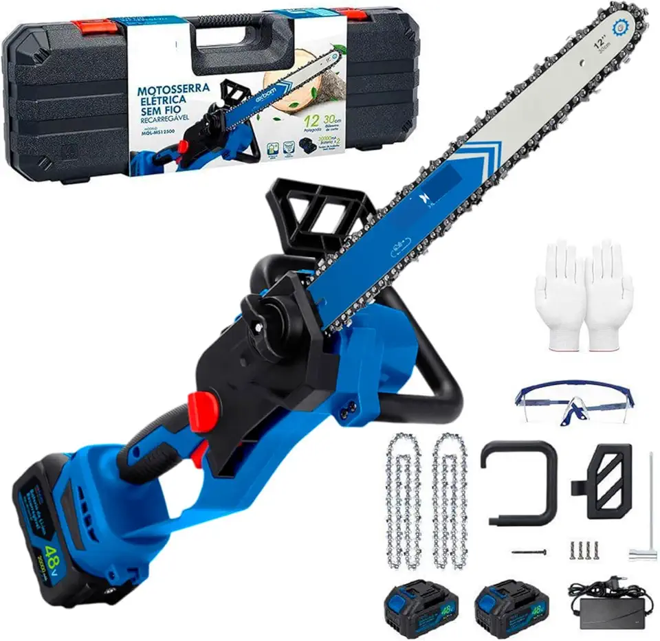 Motosserra Elétrica Portátil 12 Polegadas Brushless com Bateria 48V Lubrificação Automática e Freio de Segurança