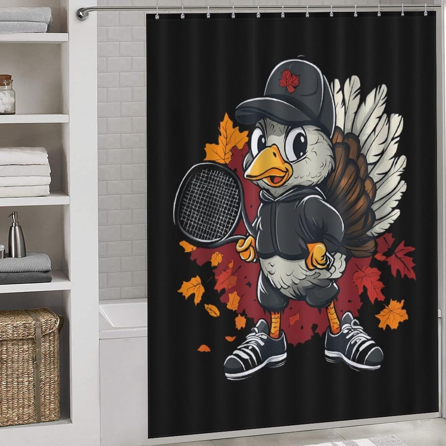 Cute Turkey Playing Tennis Funny Shower Curtains Washable Bath Curtain Liner with Hooks for Bathroom Bath Tubs