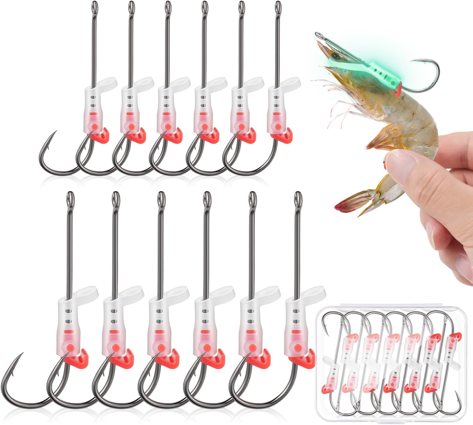 12Pcs Luminous Live Shrimp Hooks, High Carbon Steel Barbed Hooks Saltwater Corrosion-Resistant, for Freshwater & Saltwater Fishing, Ideal for Bass, Groupers, Catfish & More Fish (2/0 * 6+3/0 * 6)