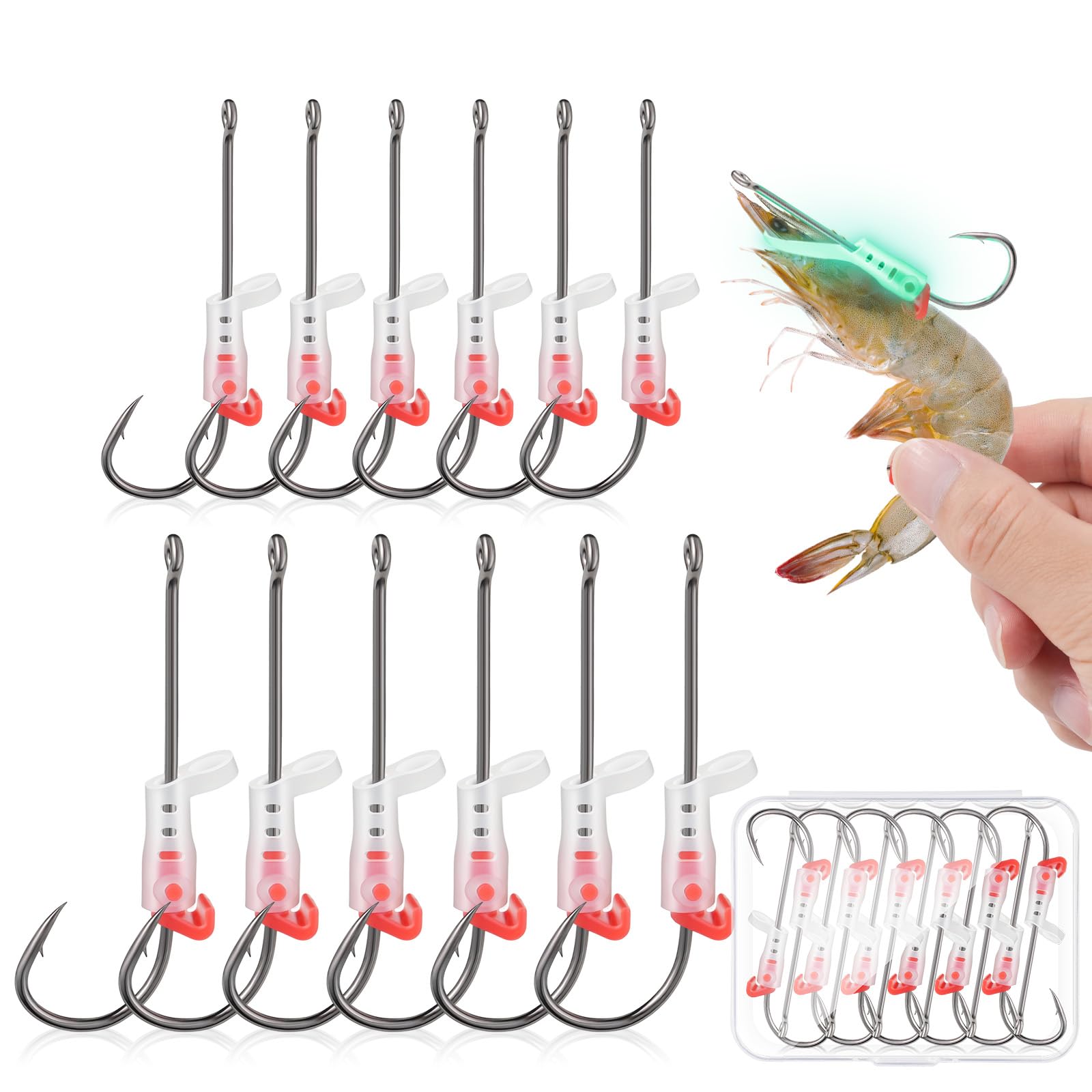 12Pcs Luminous Live Shrimp Hooks, High Carbon Steel Barbed Hooks Saltwater Corrosion-Resistant, for Freshwater & Saltwater Fishing, Ideal for Bass, Groupers, Catfish & More Fish (2/0 * 6+3/0 * 6)